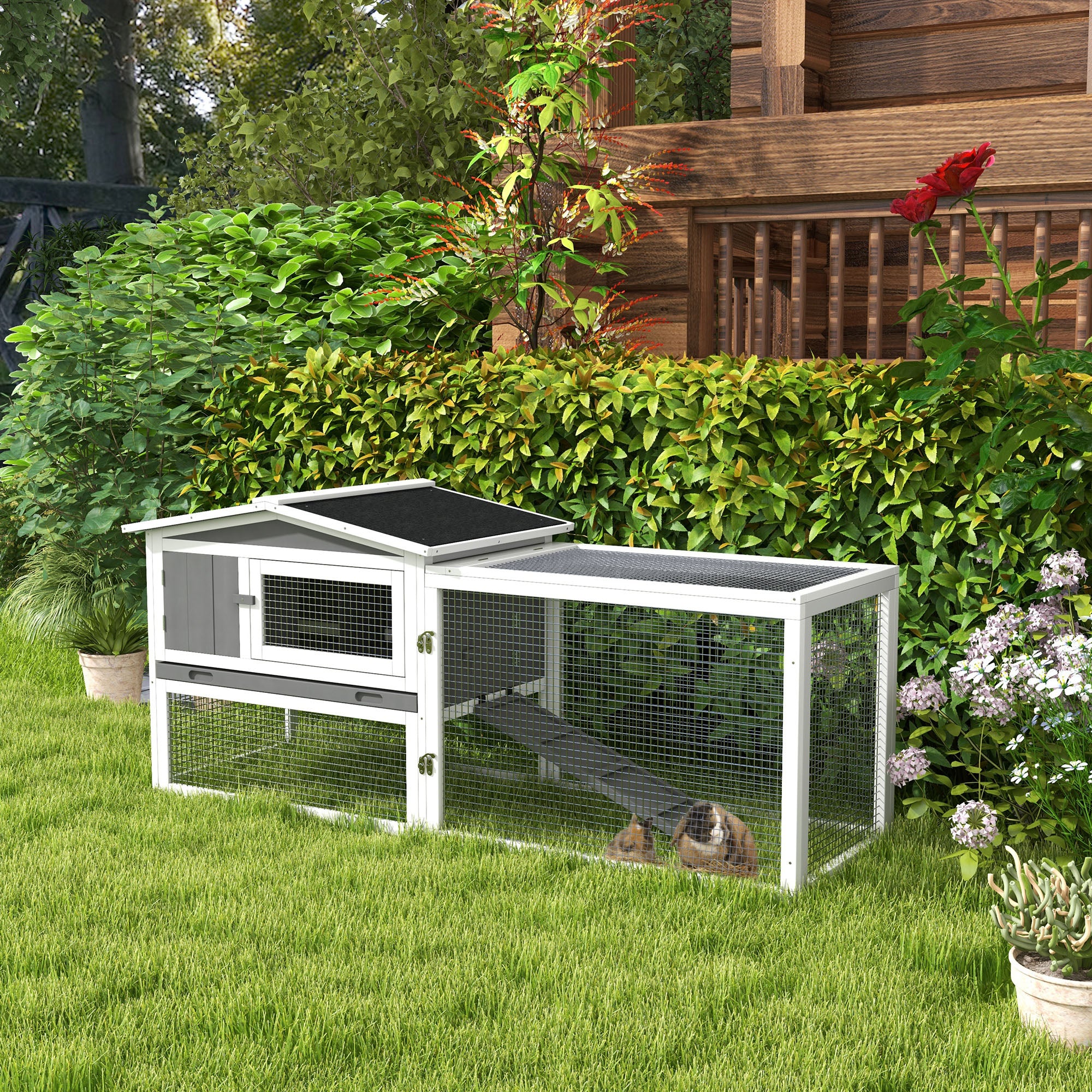 PawHut Rabbit Hutch and Run Outdoor w/ Sliding Tray Hay Rack Ramp, 156x58x68cm - Image 2