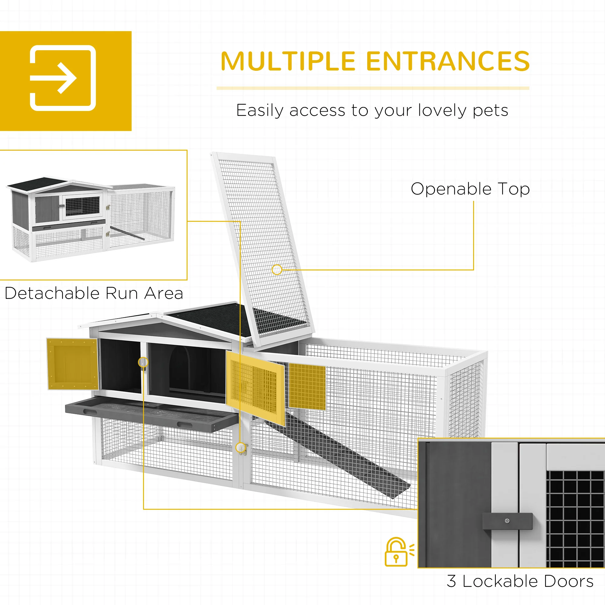 PawHut Rabbit Hutch and Run Outdoor w/ Sliding Tray Hay Rack Ramp, 156x58x68cm - Image 3