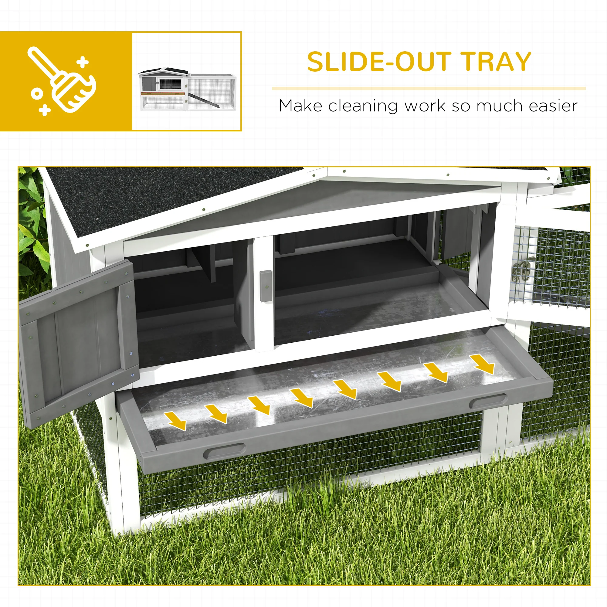 PawHut Rabbit Hutch and Run Outdoor w/ Sliding Tray Hay Rack Ramp, 156x58x68cm - Image 6