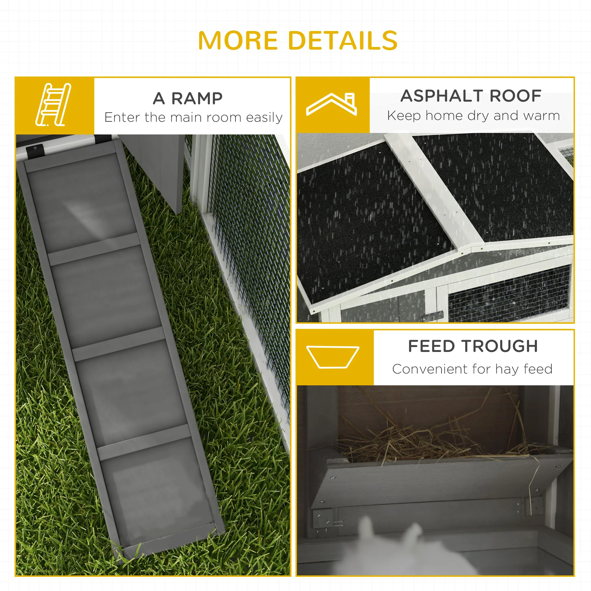 PawHut Rabbit Hutch and Run Outdoor w/ Sliding Tray Hay Rack Ramp, 156x58x68cm - Image 7