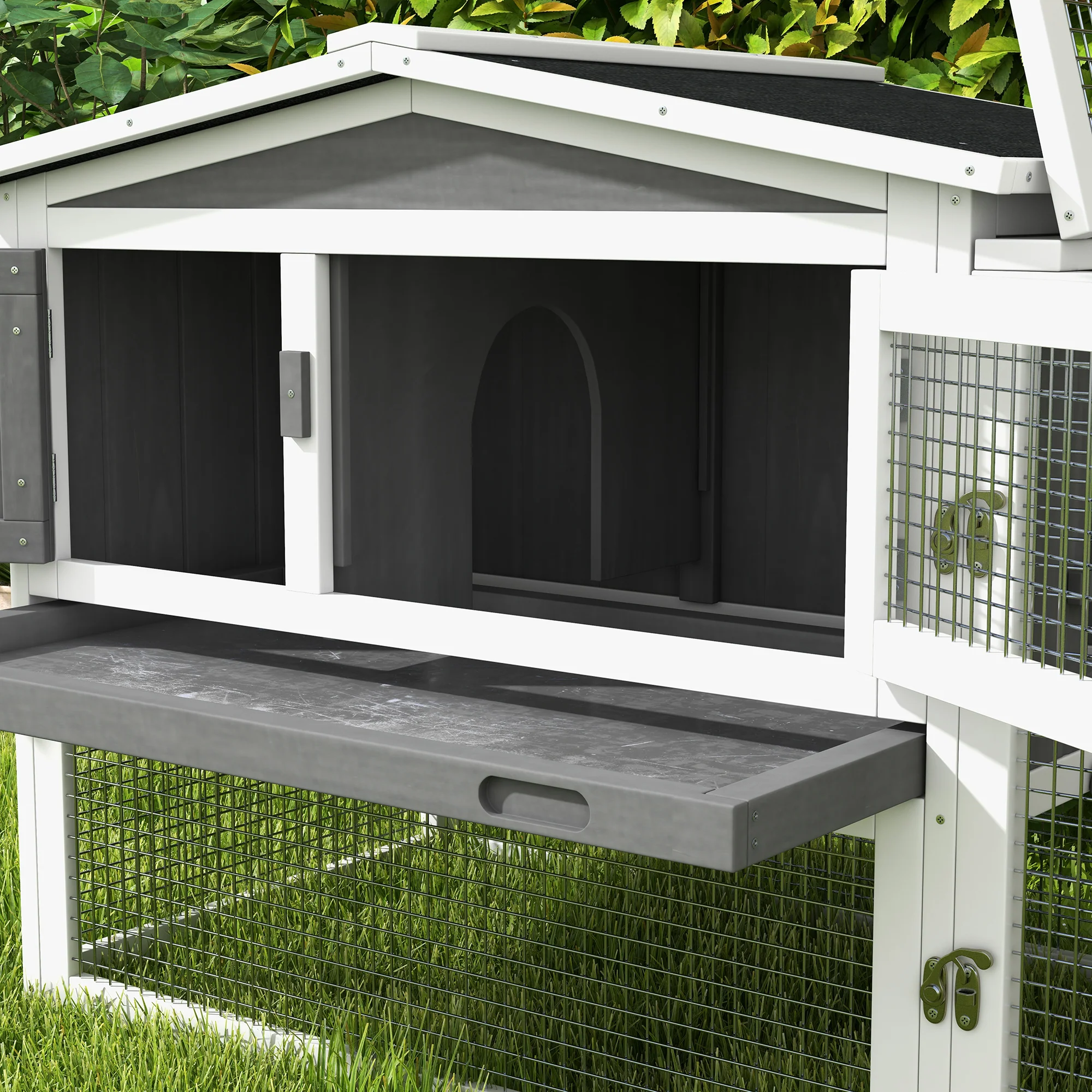 PawHut Rabbit Hutch and Run Outdoor w/ Sliding Tray Hay Rack Ramp, 156x58x68cm - Image 8