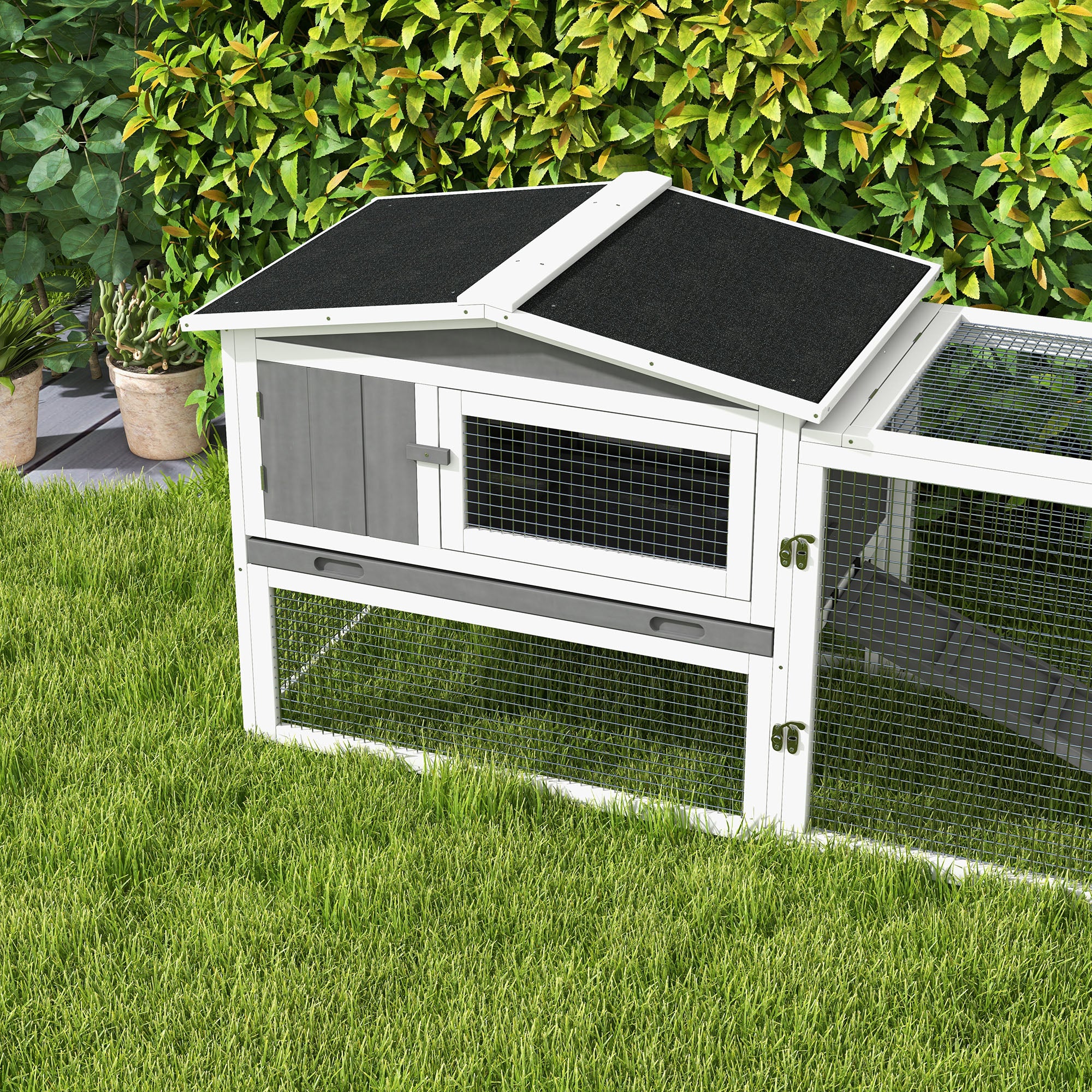 PawHut Rabbit Hutch and Run Outdoor w/ Sliding Tray Hay Rack Ramp, 156x58x68cm - Image 9