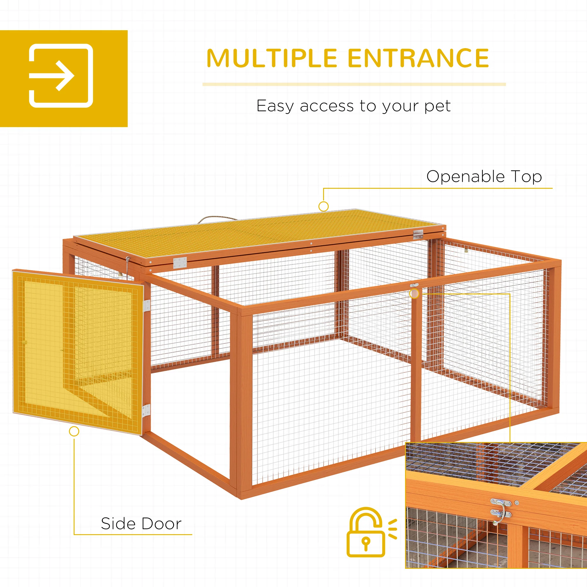 PawHut Rabbit Hutch, Folding Wooden Rabbit Run With Openable Top, Orange - Image 4