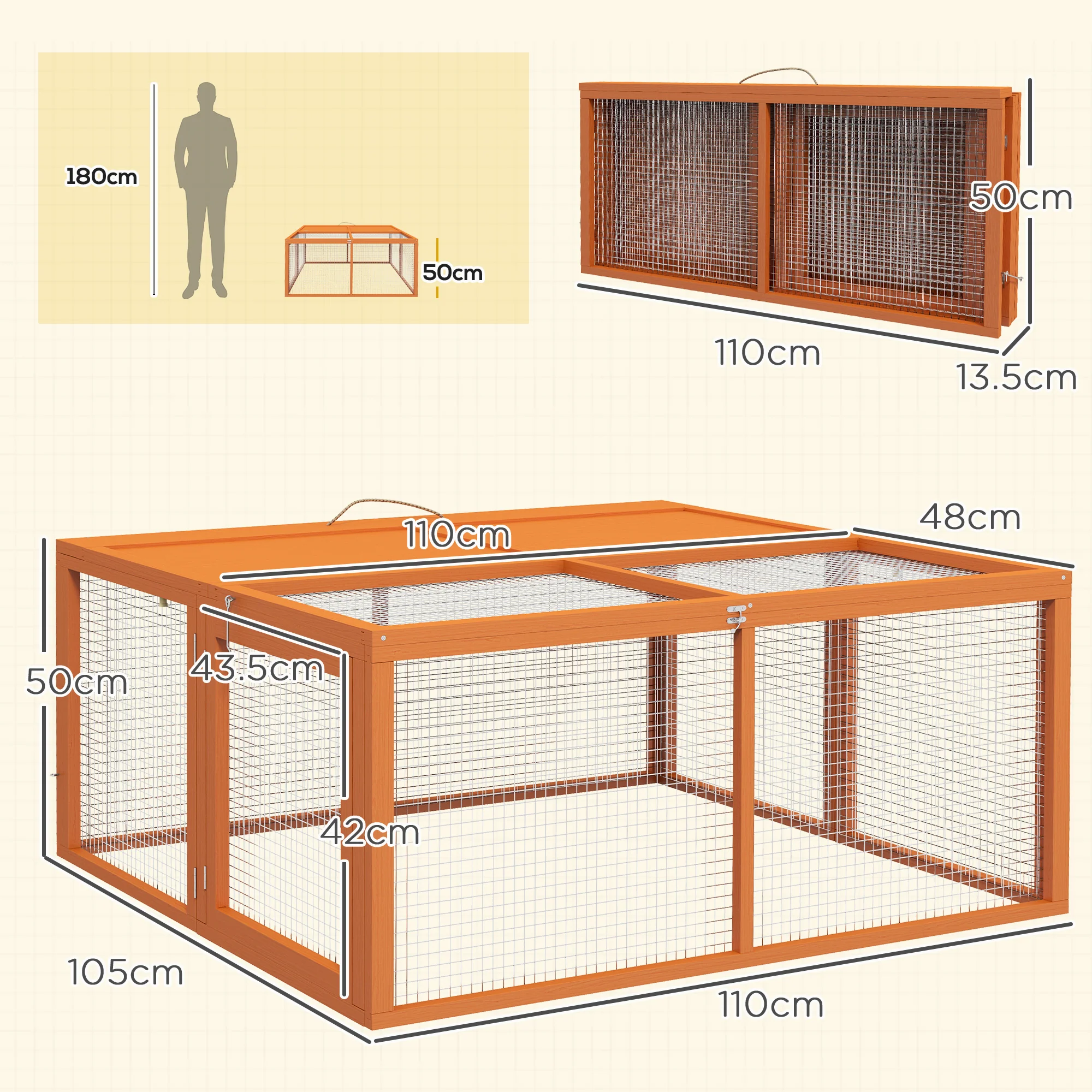 PawHut Rabbit Hutch, Folding Wooden Rabbit Run With Openable Top, Orange - Image 5