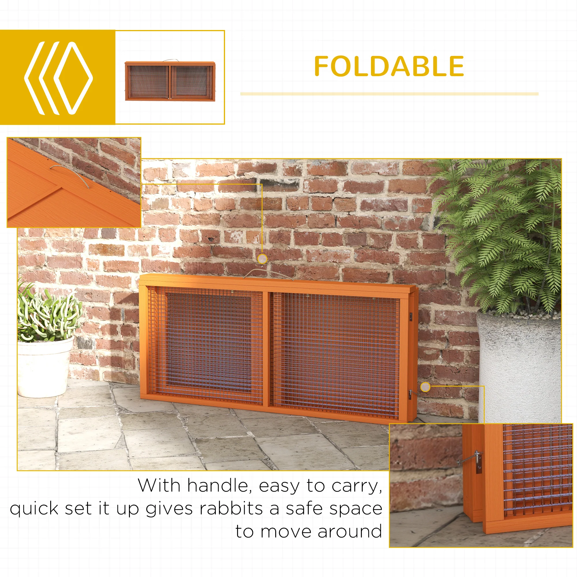 PawHut Rabbit Hutch, Folding Wooden Rabbit Run With Openable Top, Orange - Image 6