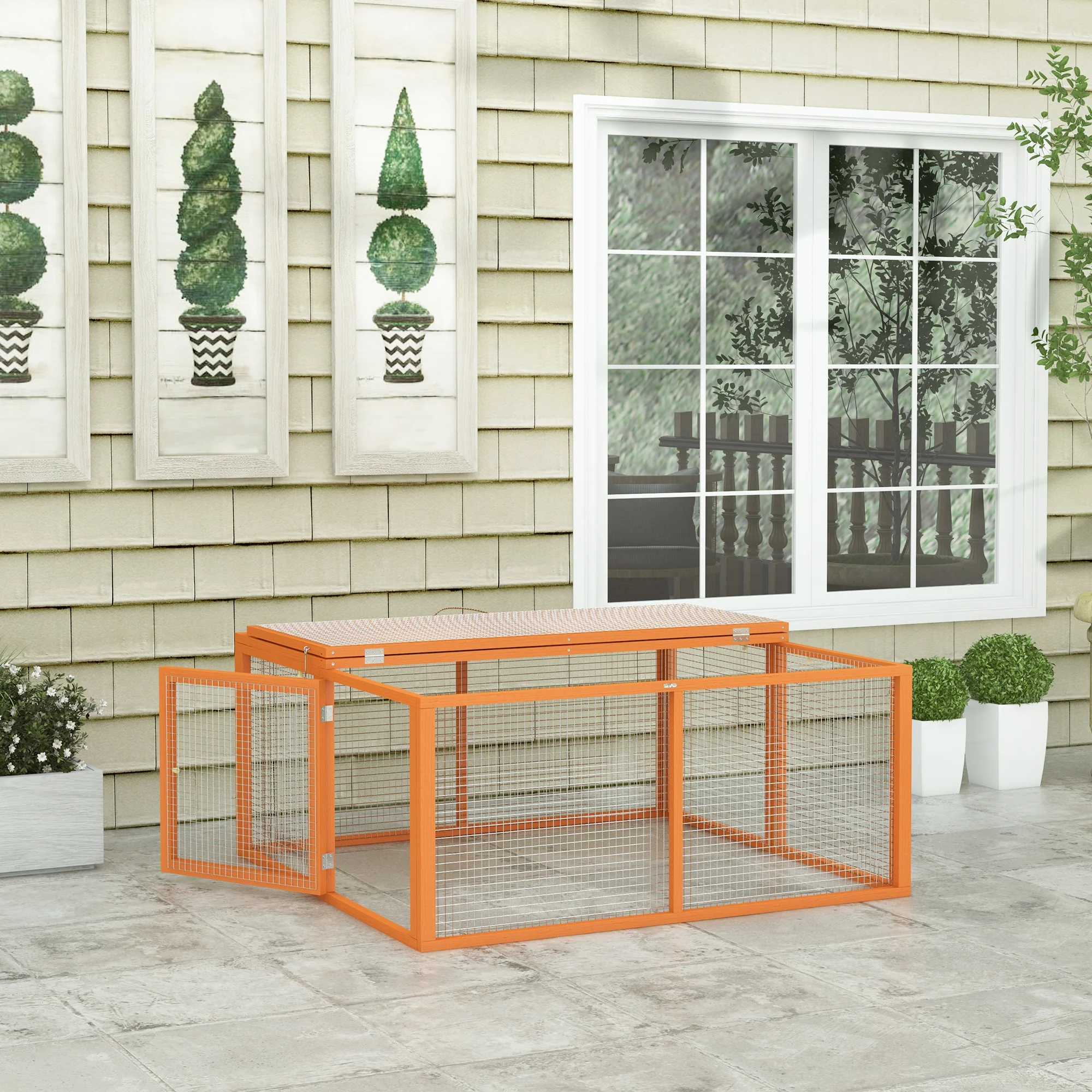PawHut Rabbit Hutch, Folding Wooden Rabbit Run With Openable Top, Orange - Image 7