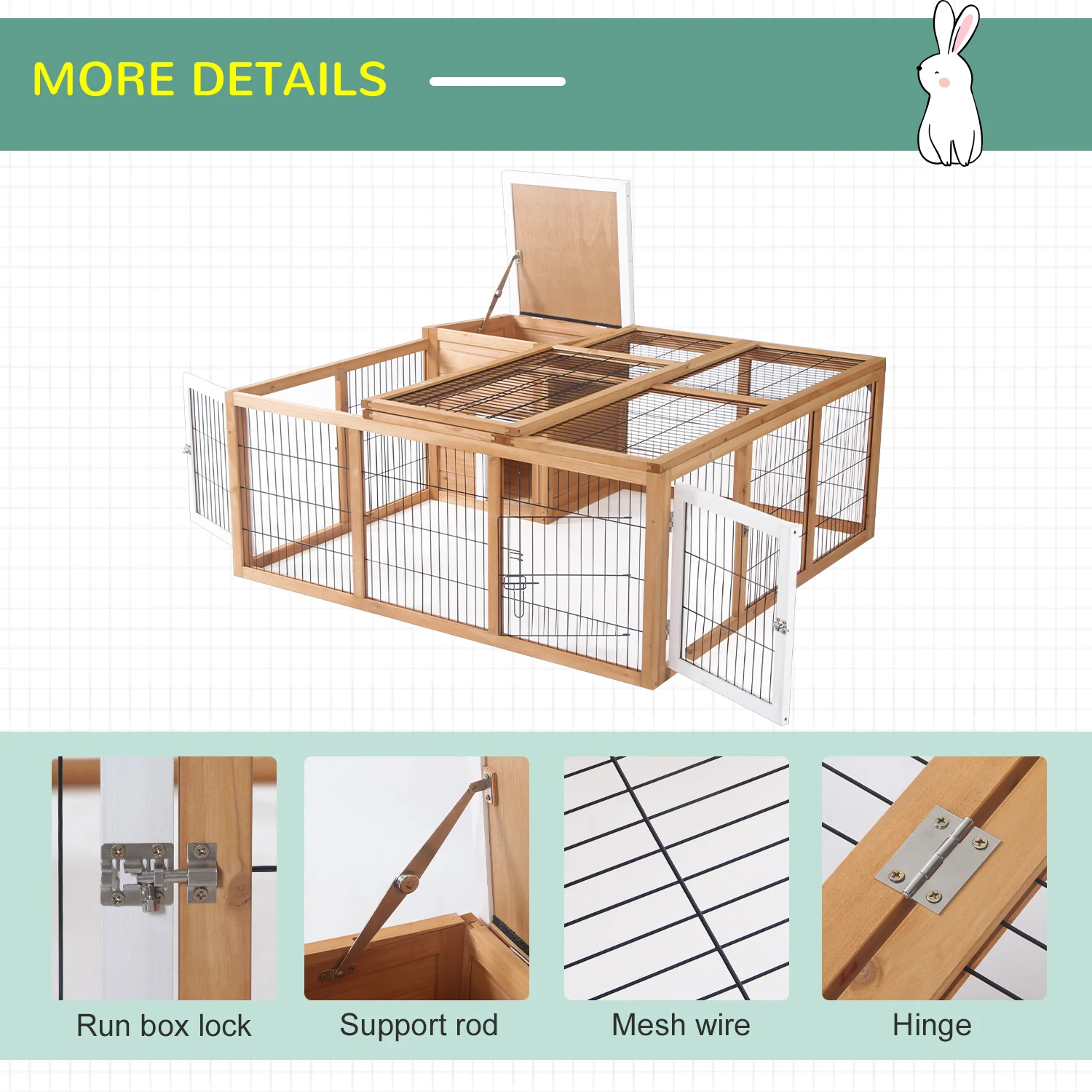 PawHut Rabbit Hutch, Guinea Pig House Outdoor Cage w/Openable Top, Yellow - Image 6