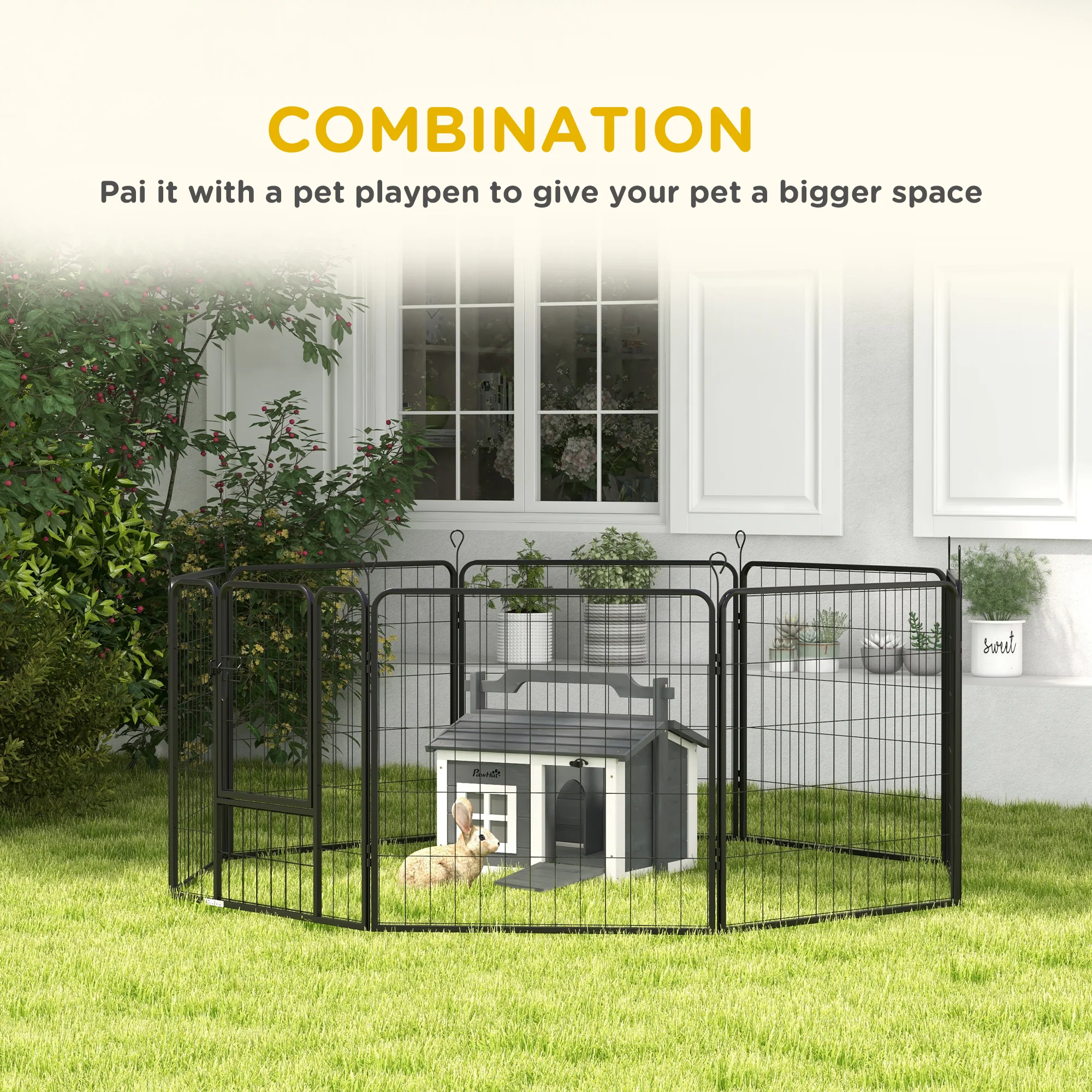 PawHut Rabbit Hutch Indoor Outdoor w/ Top Handle, Openable Roof - Grey - Image 4