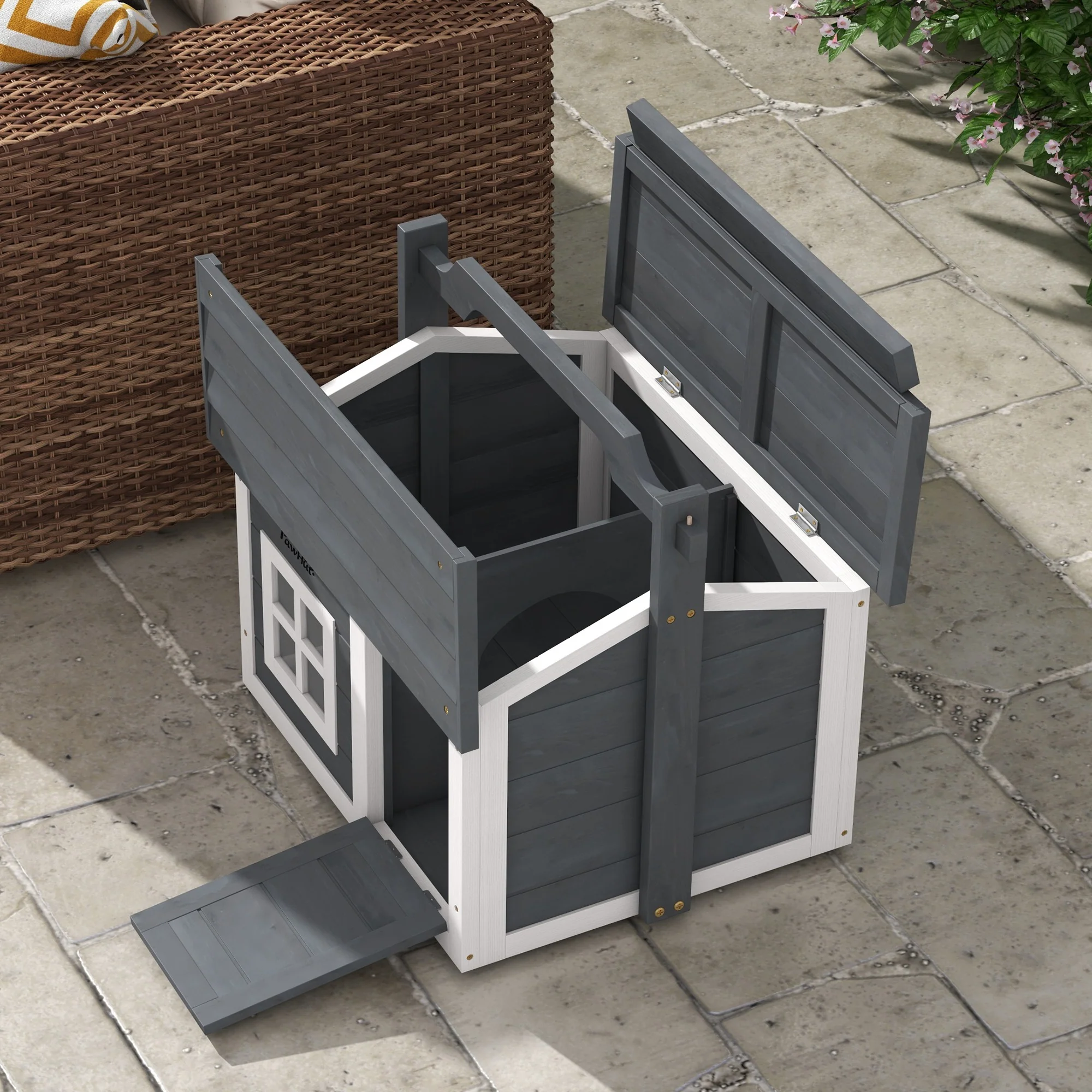 PawHut Rabbit Hutch Indoor Outdoor w/ Top Handle, Openable Roof - Grey - Image 9
