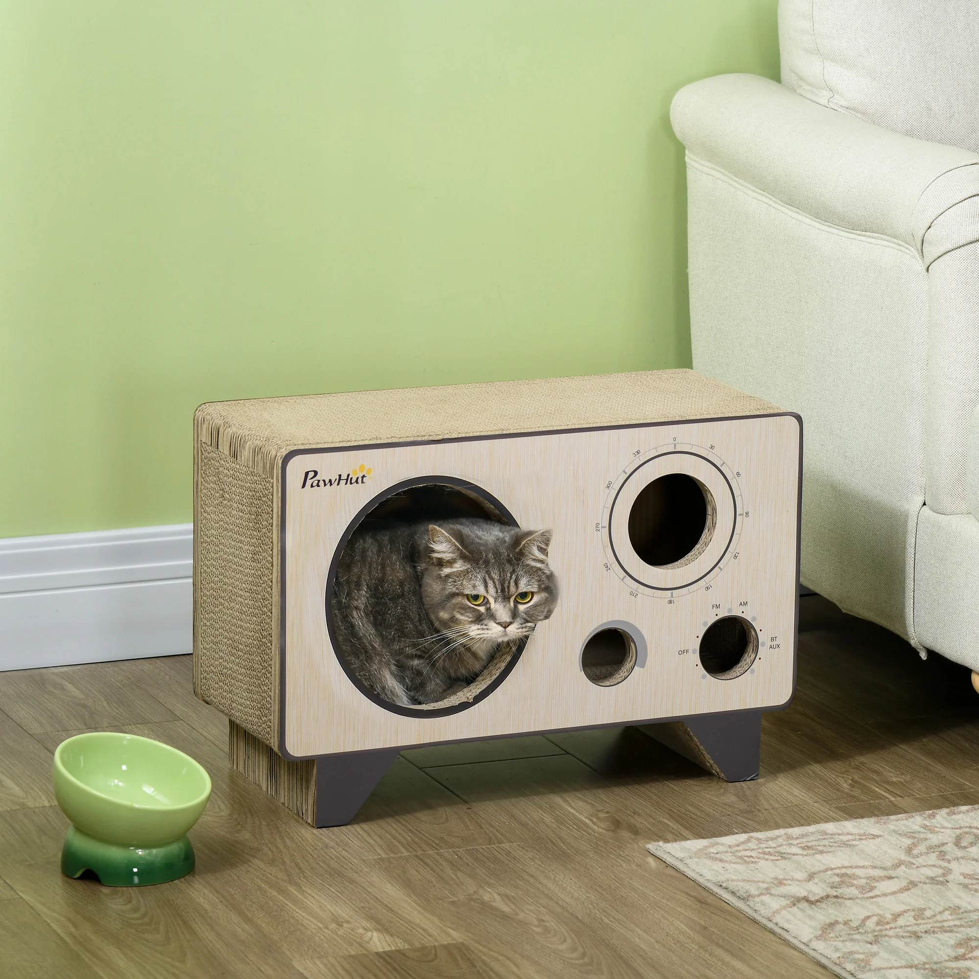 PawHut Radio Shape Cat Scratching Board with Catnip, Natural Wood Finish - Image 2