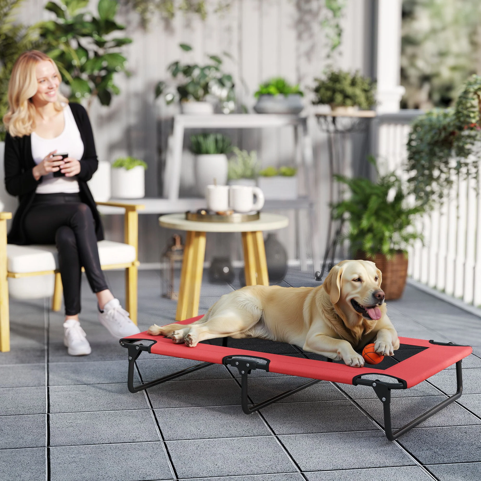 PawHut Raised Dog Bed with Breathable Mesh for Large Dogs, Red - Image 2