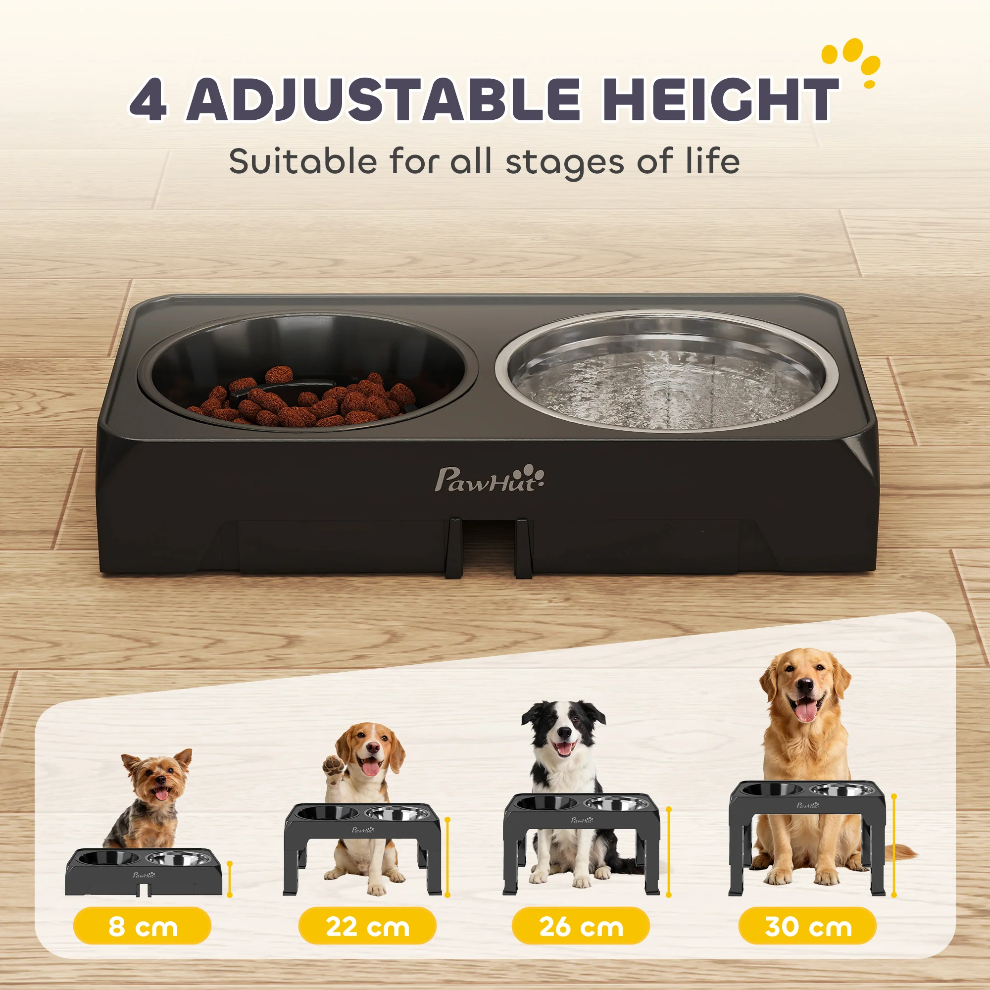 PawHut Raised Dog Bowl, Foldable Elevated Dog Bowls, 4 Heights Adjustable - Image 3