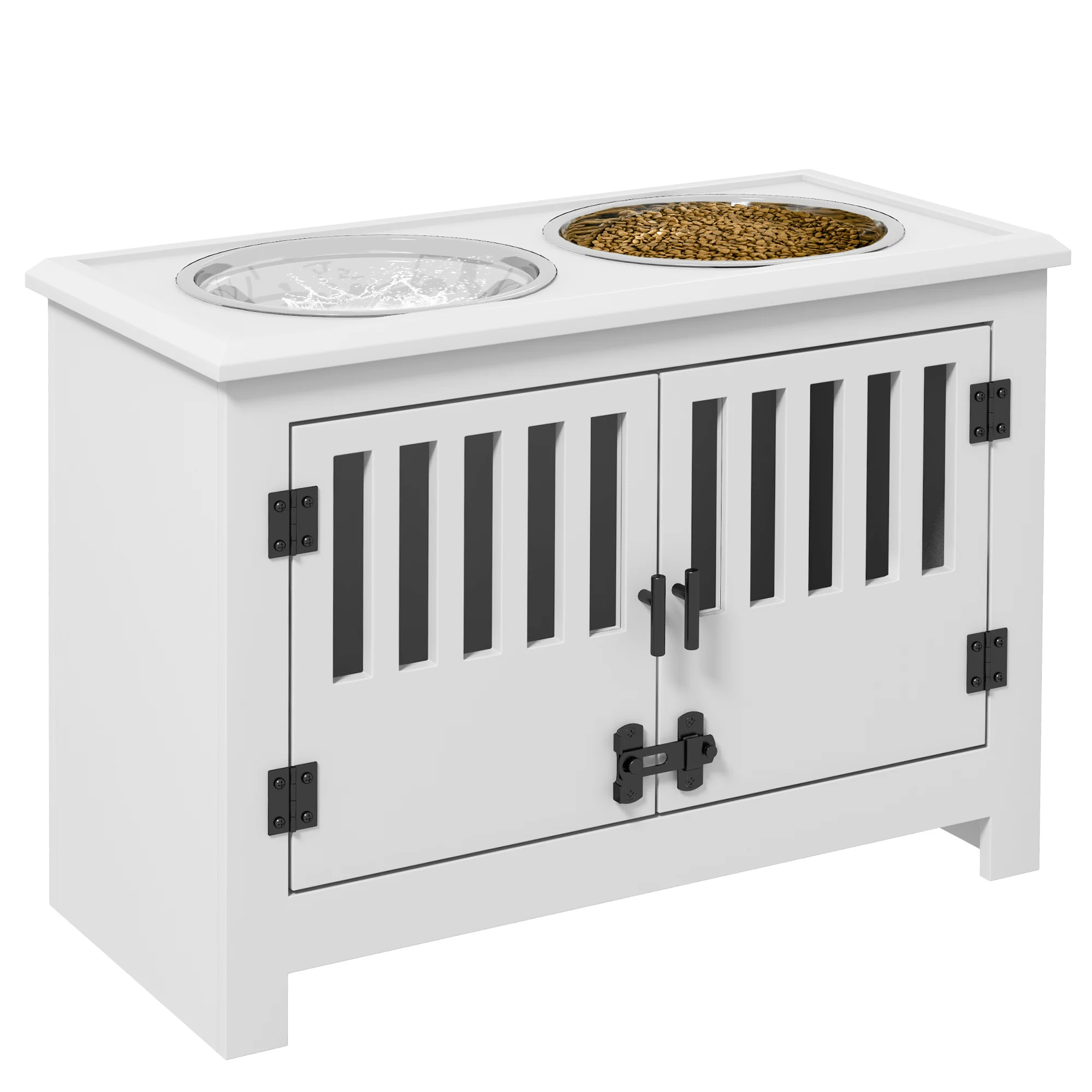 PawHut Raised Dog Bowls For Large Dogs Feeding Station W/ Stand, Storage - White
