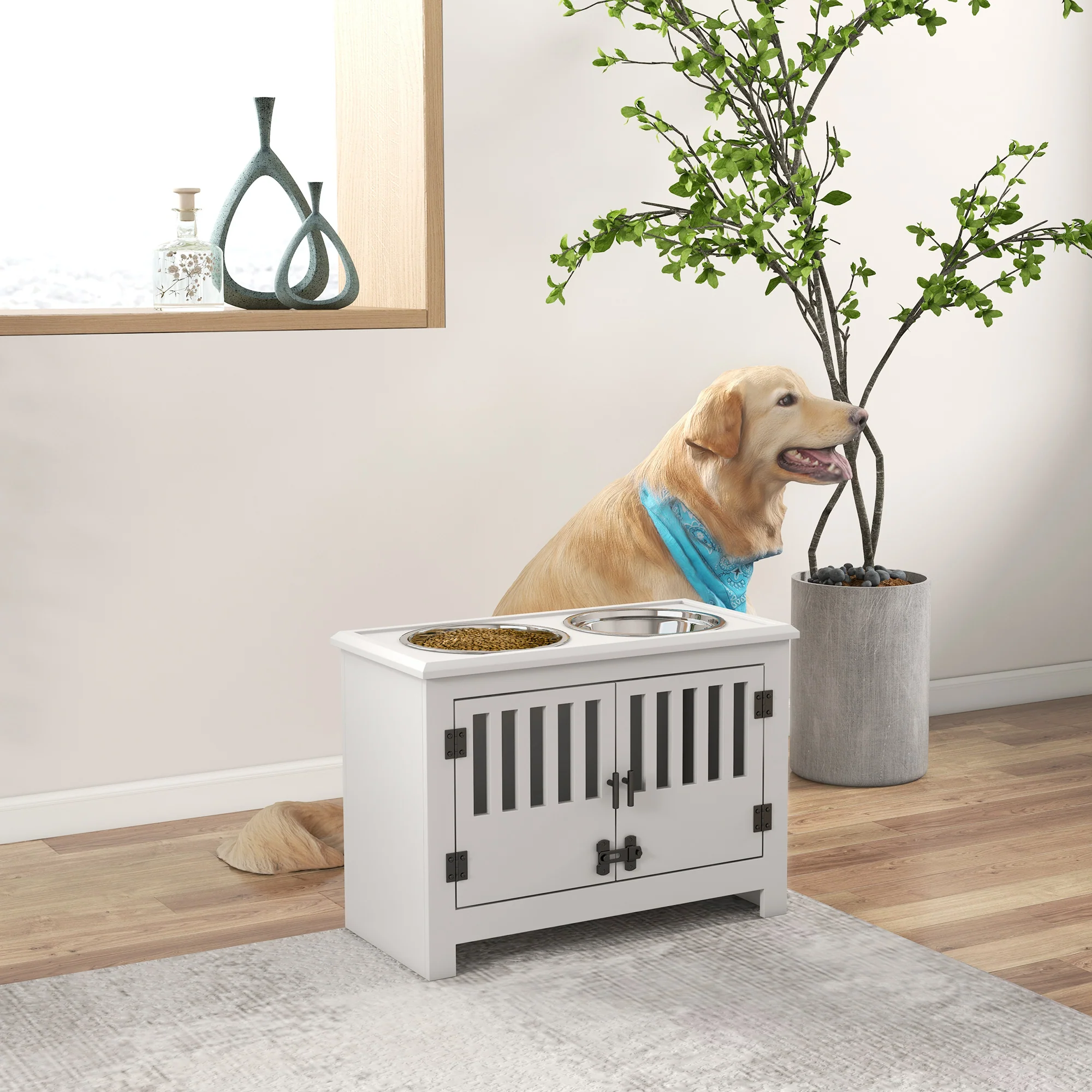PawHut Raised Dog Bowls For Large Dogs Feeding Station W/ Stand, Storage - White - Image 2