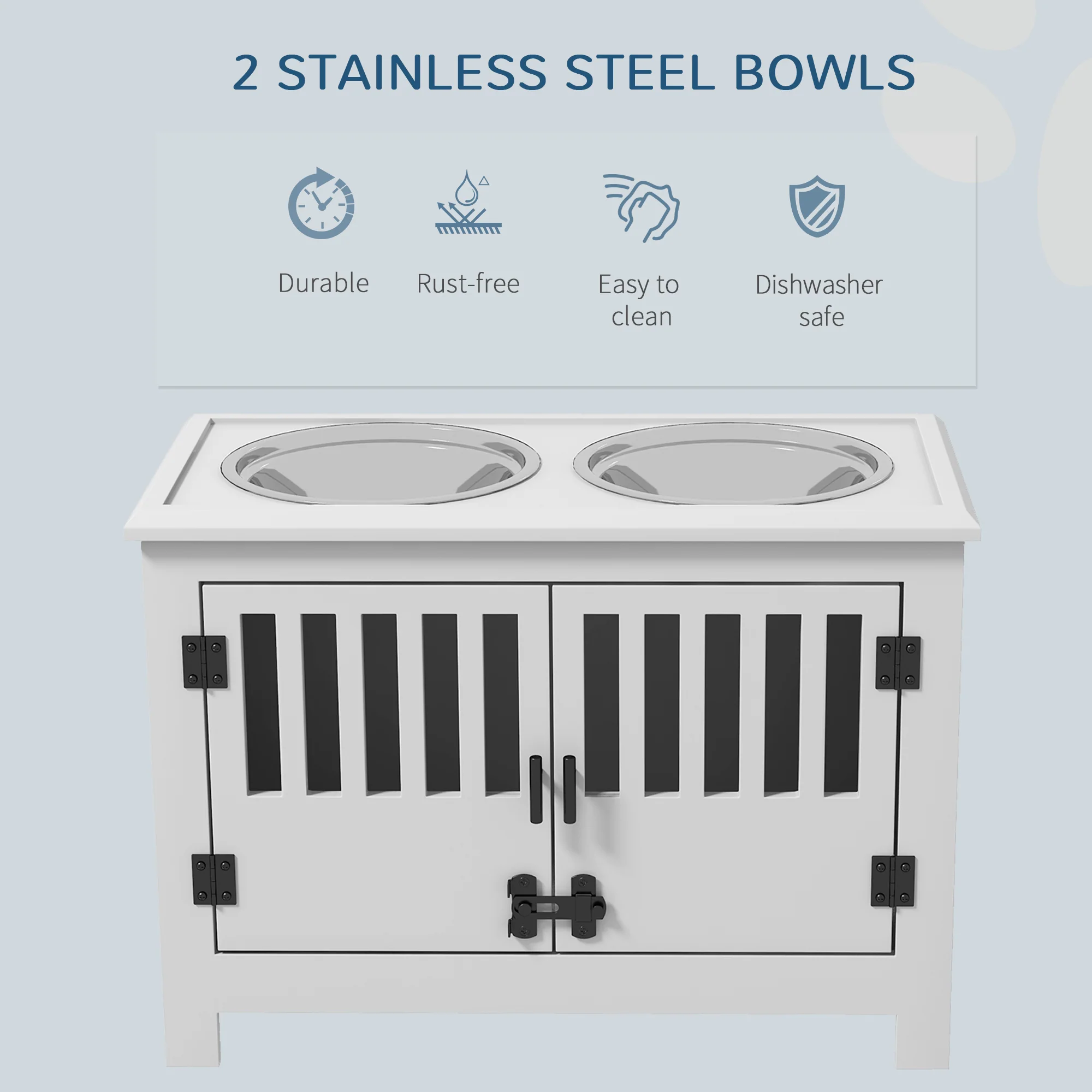 PawHut Raised Dog Bowls For Large Dogs Feeding Station W/ Stand, Storage - White - Image 3