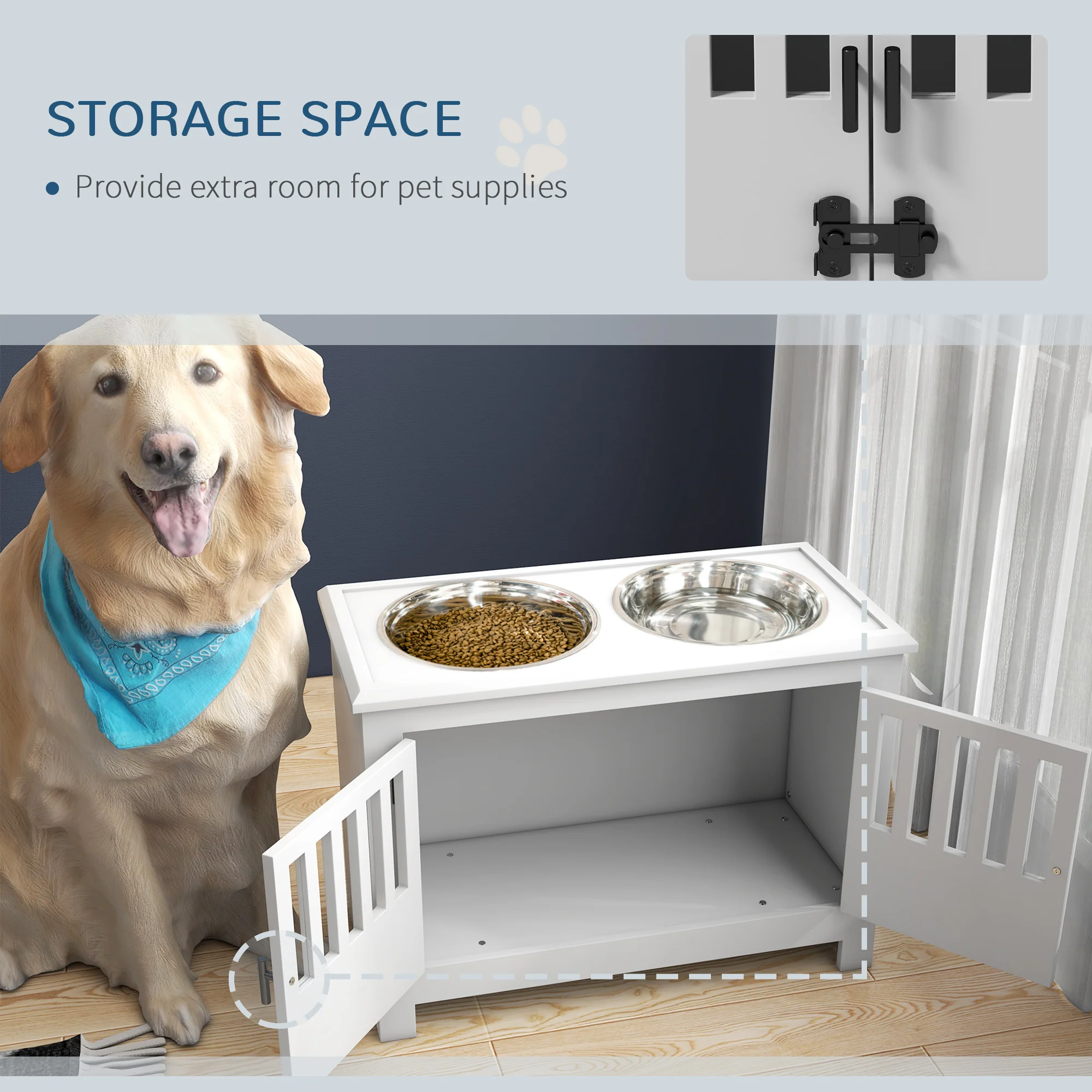 PawHut Raised Dog Bowls For Large Dogs Feeding Station W/ Stand, Storage - White - Image 4