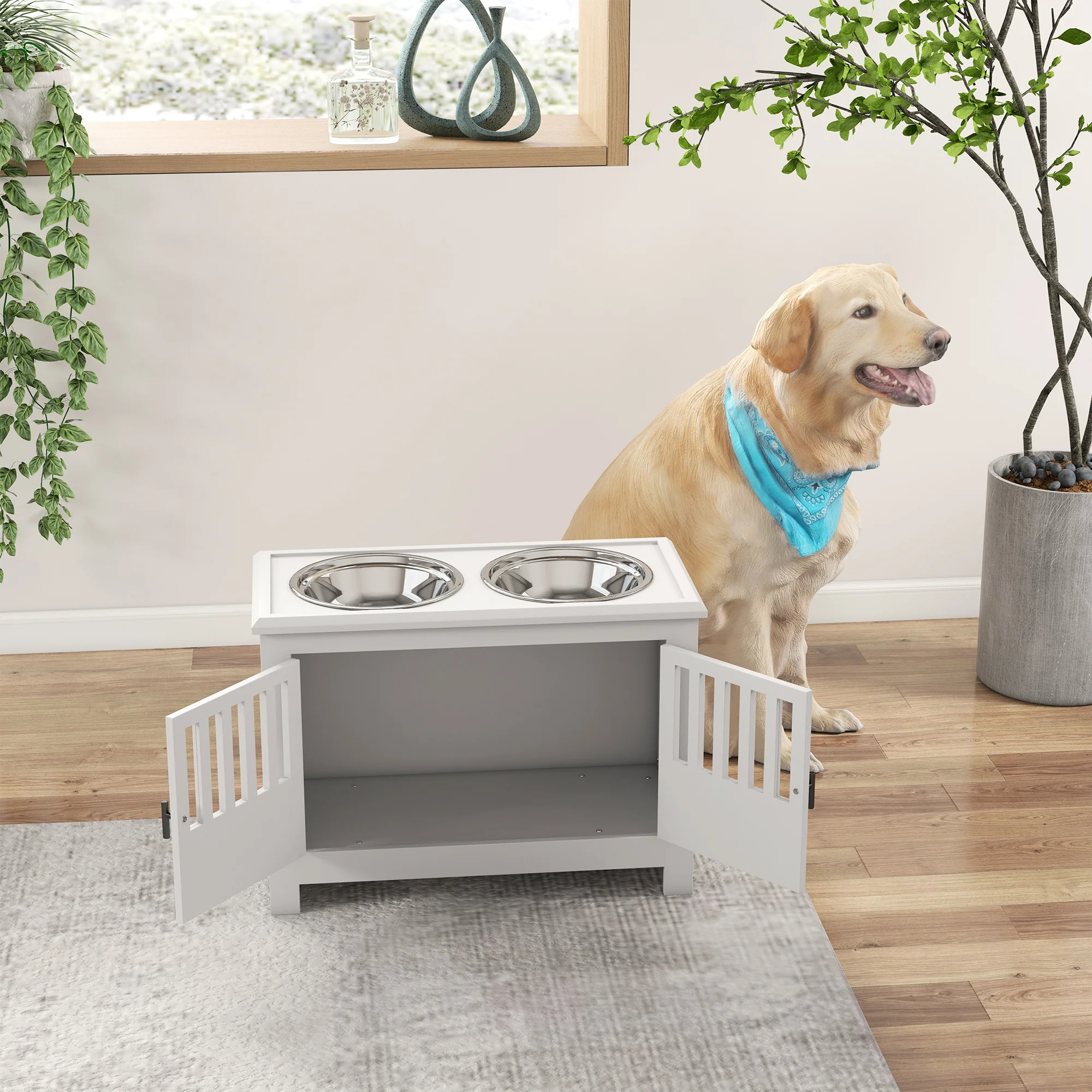 PawHut Raised Dog Bowls For Large Dogs Feeding Station W/ Stand, Storage - White - Image 8