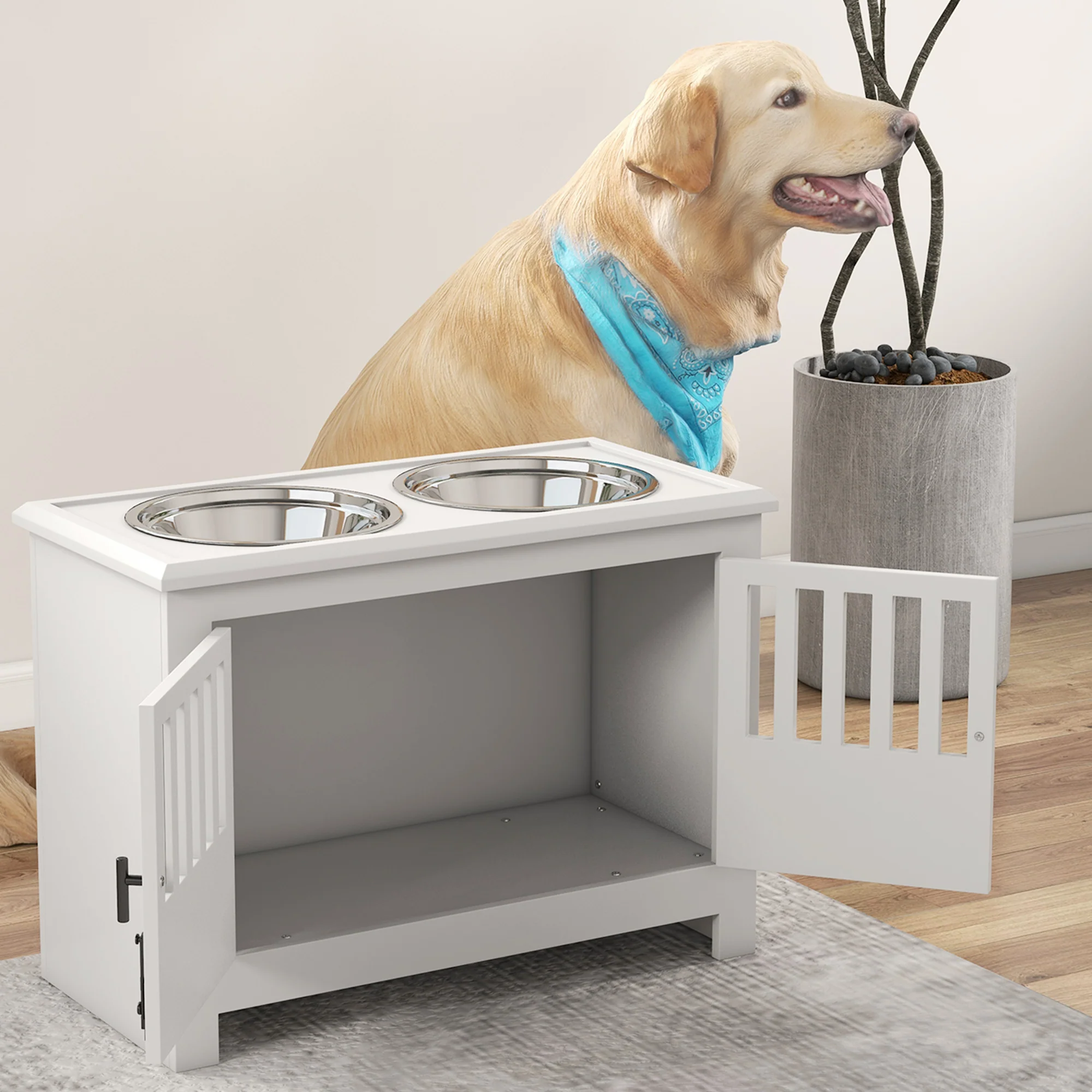 PawHut Raised Dog Bowls For Large Dogs Feeding Station W/ Stand, Storage - White - Image 9