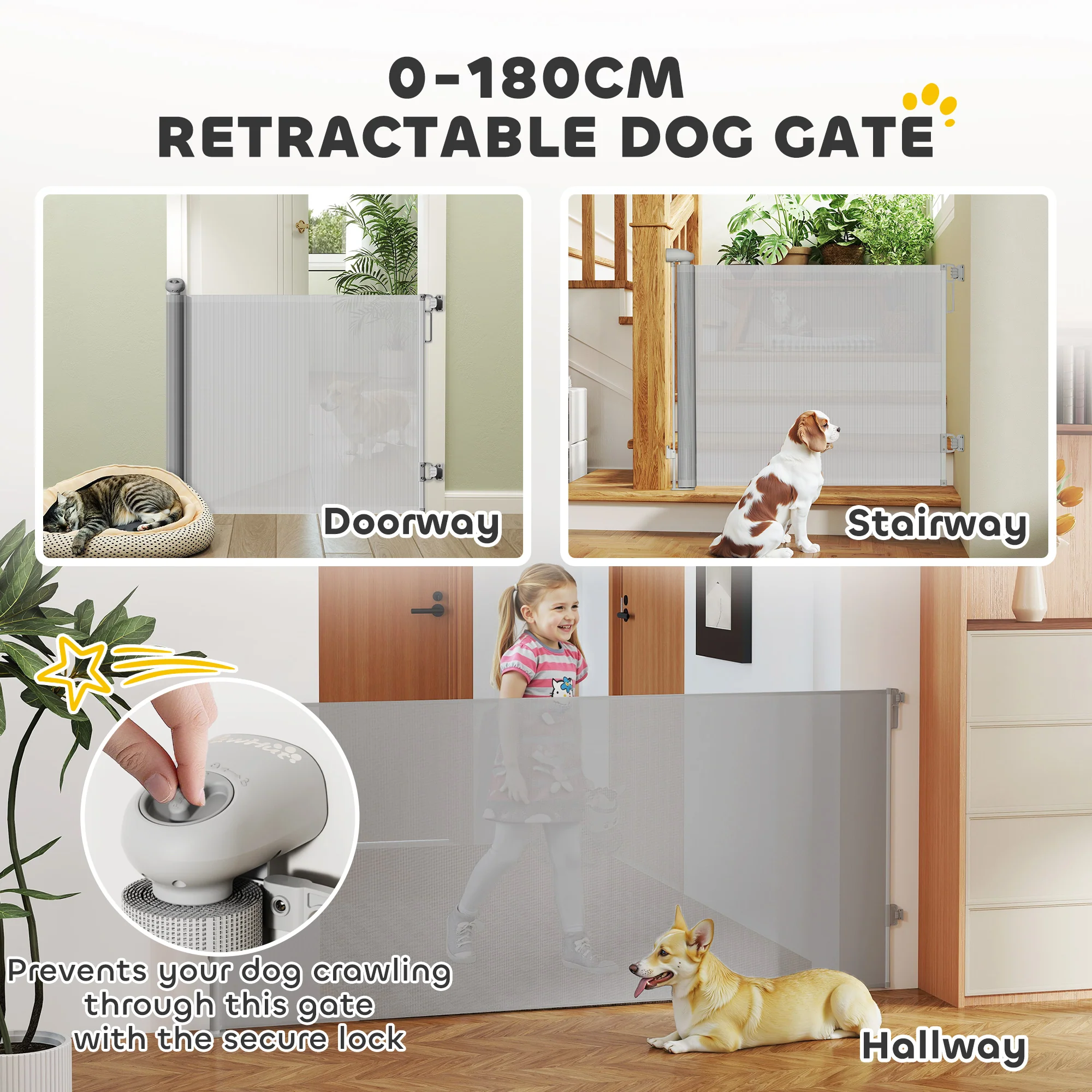 PawHut Retractable Stair Gate, Dog Gate Extends Up To Wide, Grey - Image 12