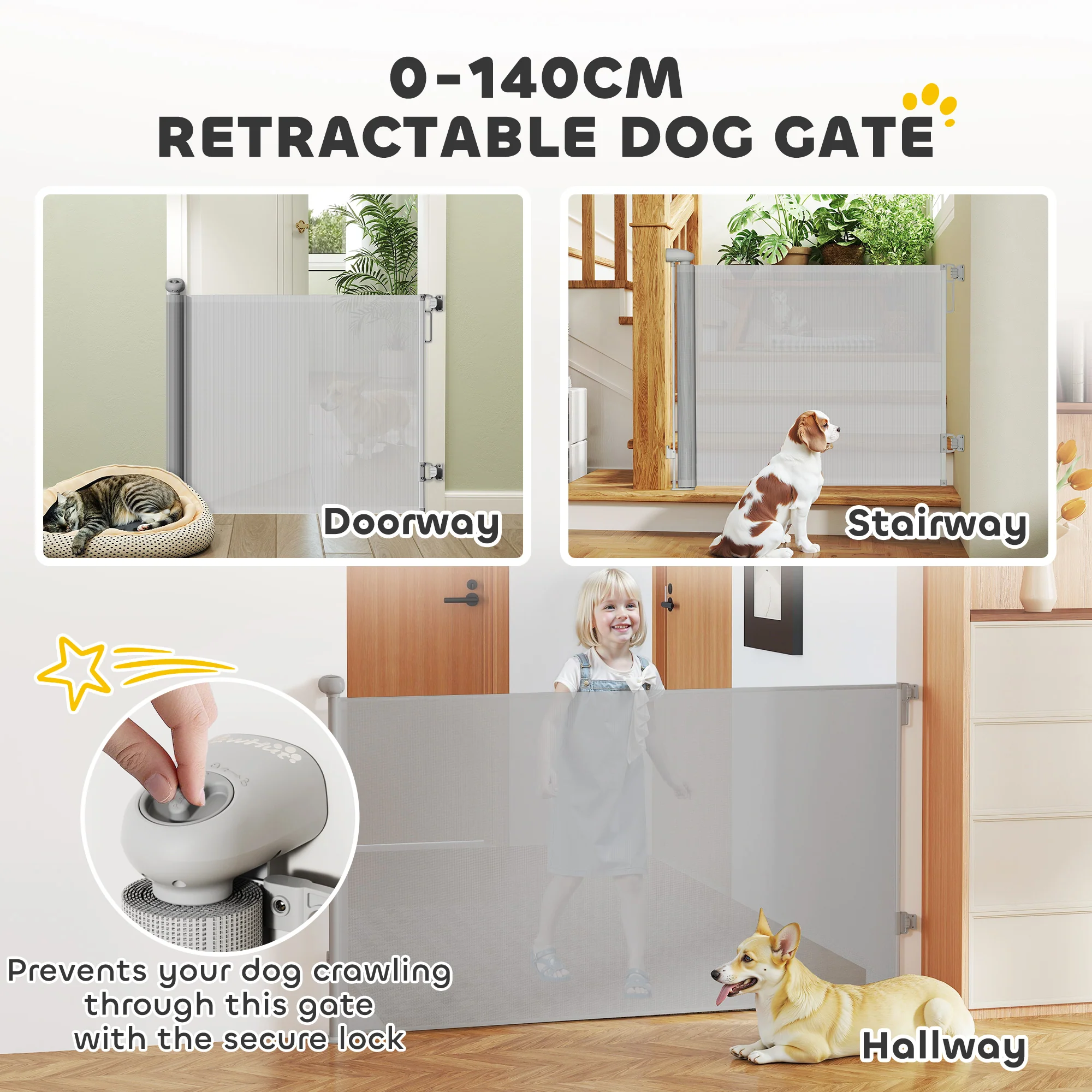 PawHut Retractable Stair Gate, Dog Gate Extends Up To Wide, Grey - Image 3