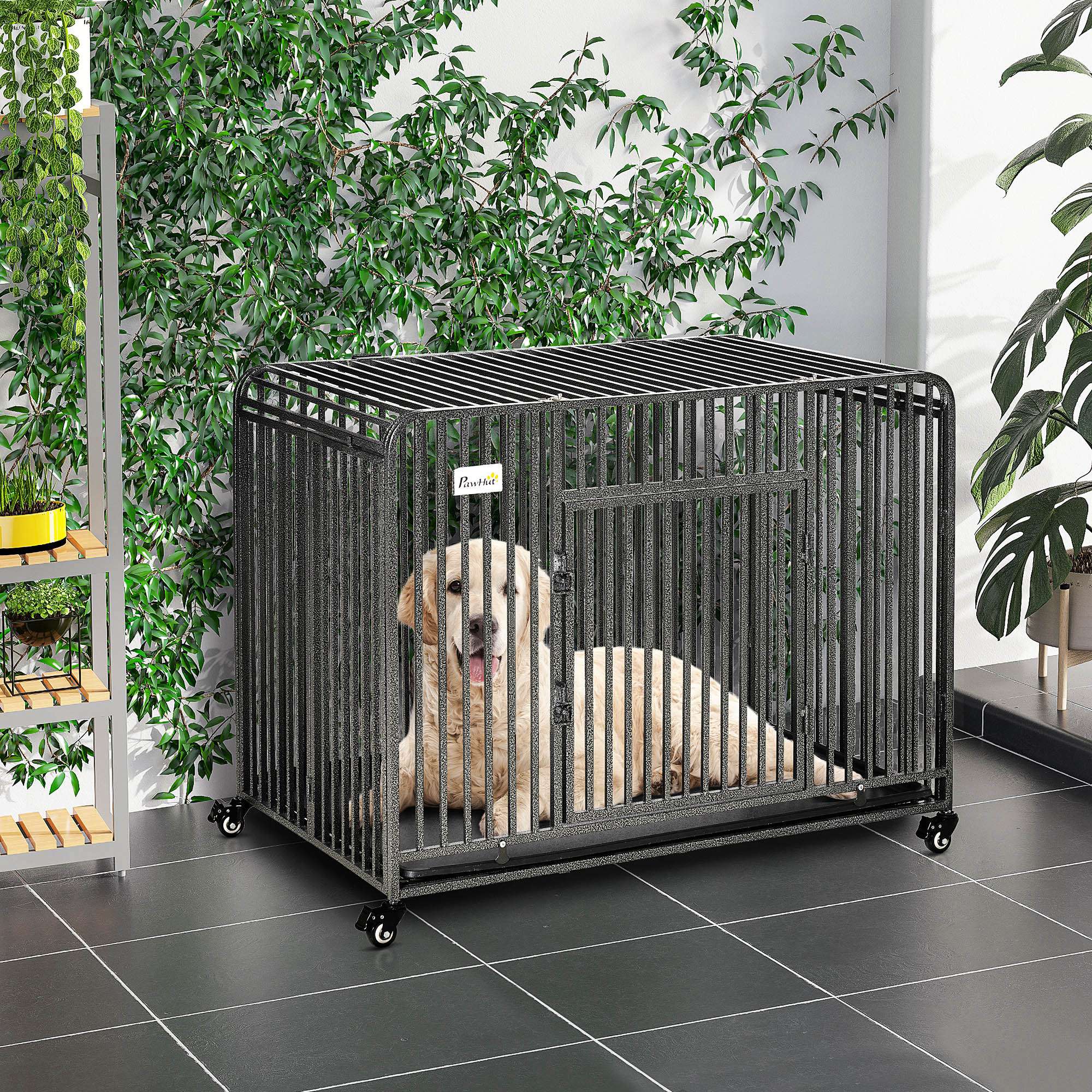 PawHut Rolling Heavy Duty Dog Crate For Medium, Large Dogs W/ Removable Tray - Image 2