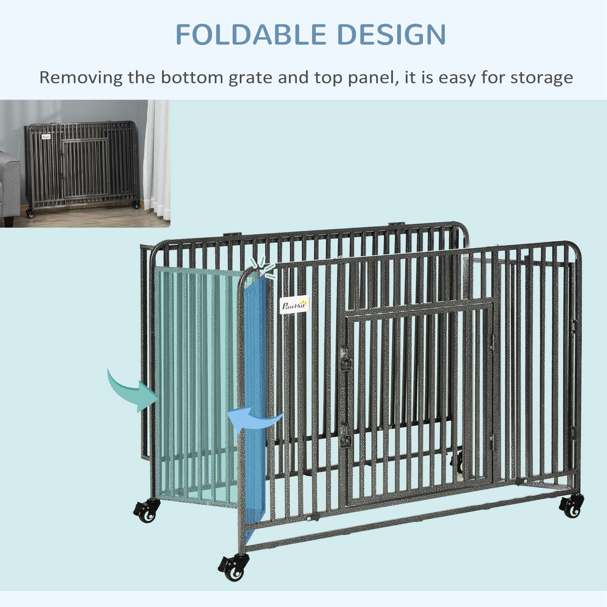 PawHut Rolling Heavy Duty Dog Crate For Medium, Large Dogs W/ Removable Tray - Image 4