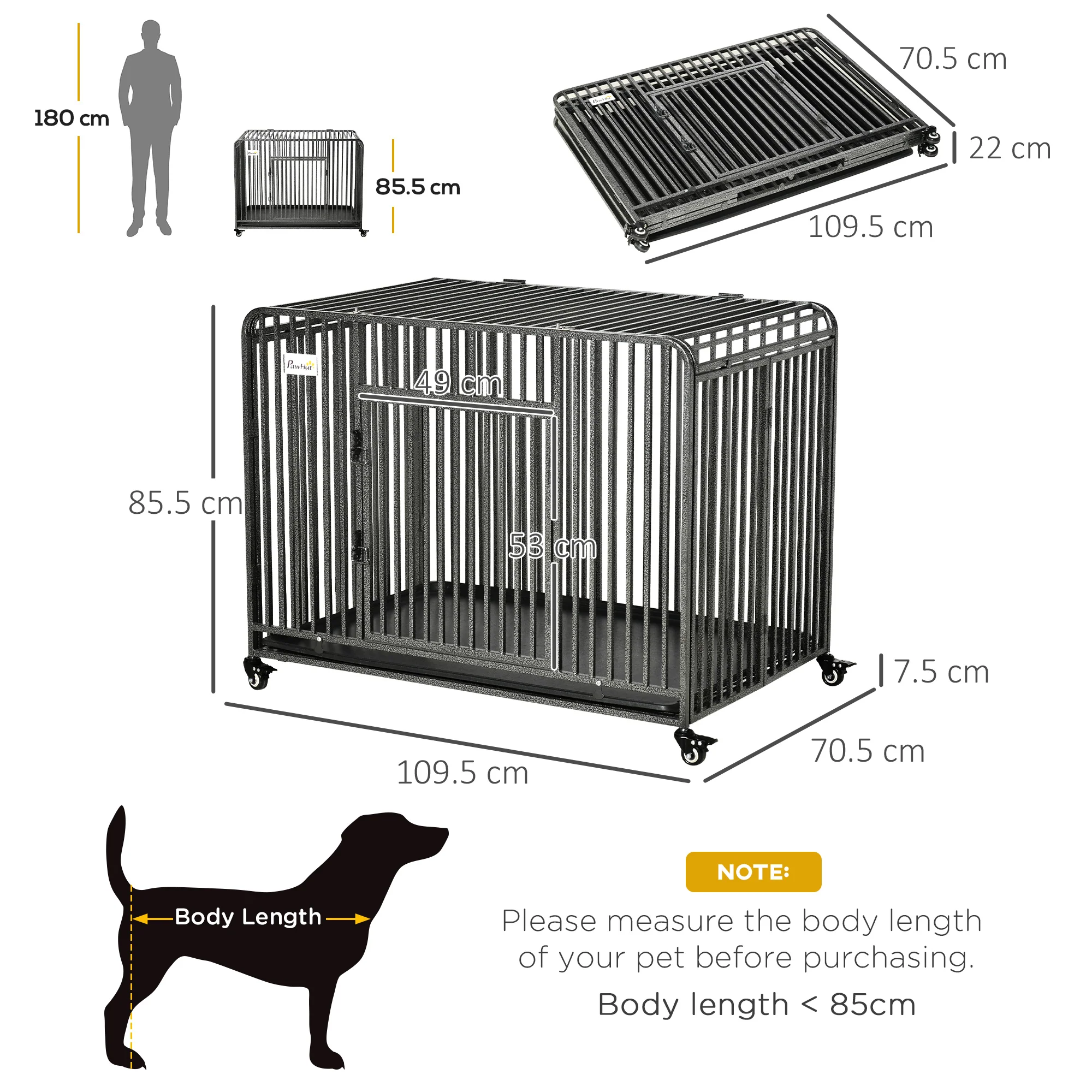 PawHut Rolling Heavy Duty Dog Crate For Medium, Large Dogs W/ Removable Tray - Image 5