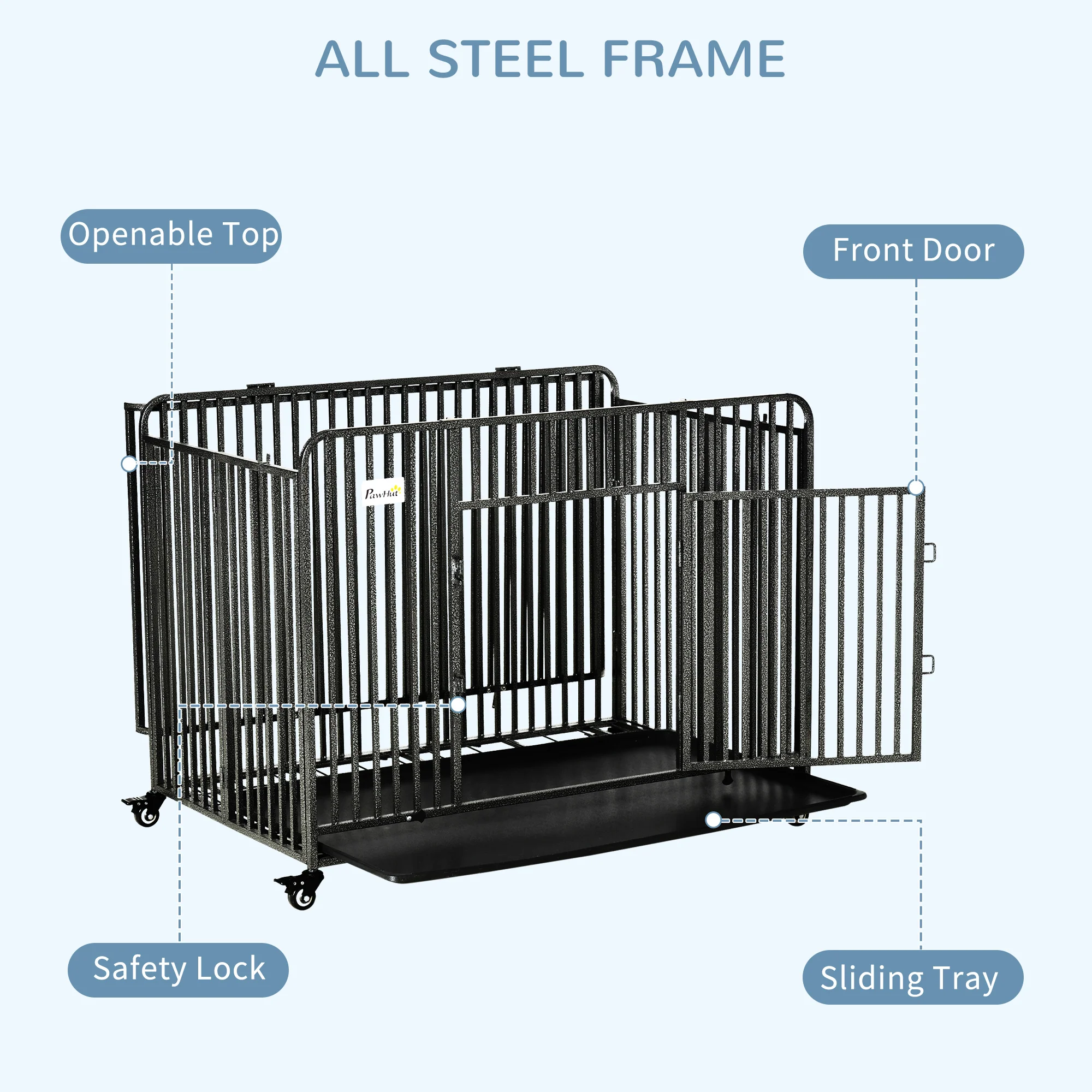 PawHut Rolling Heavy Duty Dog Crate For Medium, Large Dogs W/ Removable Tray - Image 6