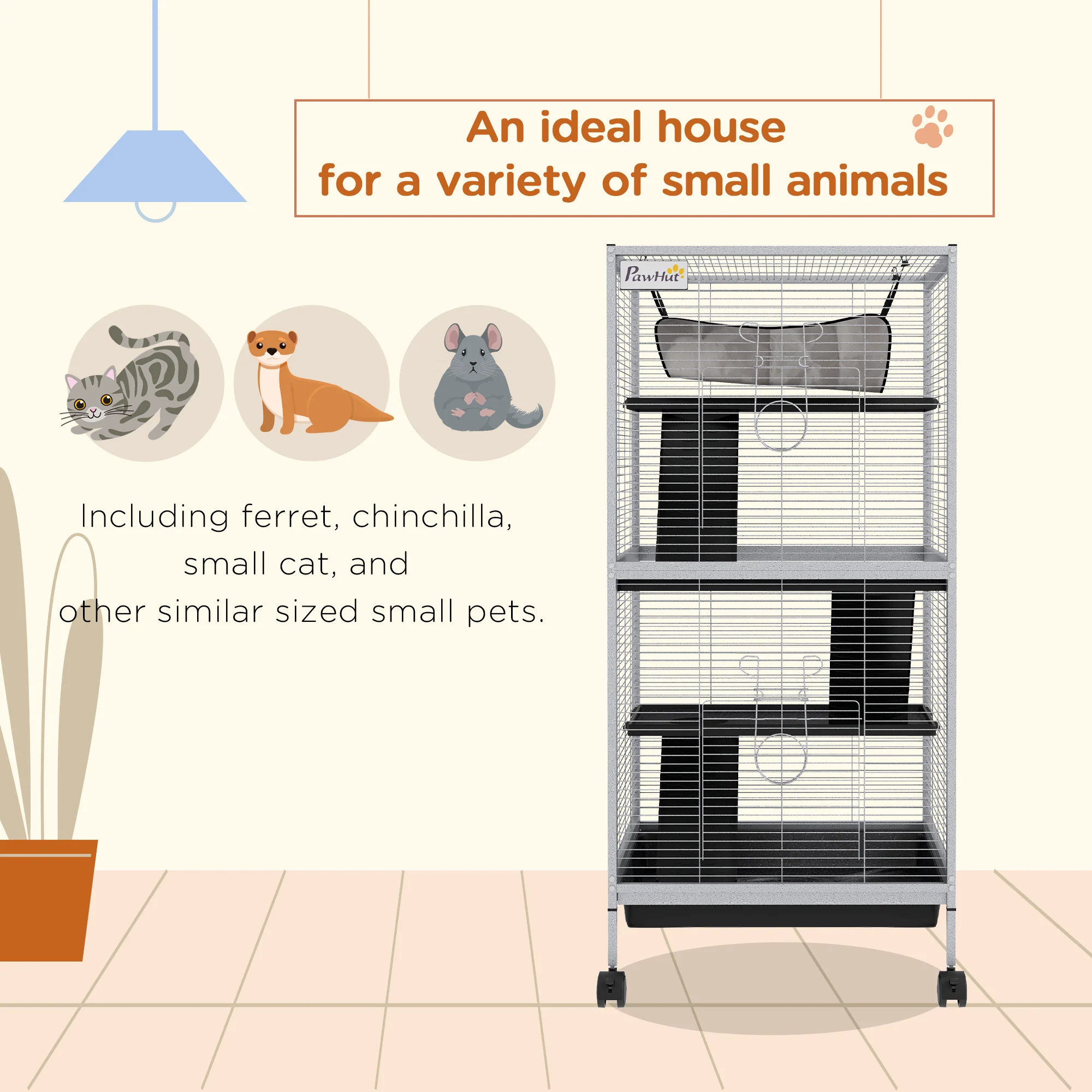 PawHut Rolling Small Animal Cage for Chinchillas Ferrets Kittens W/ Ramp Grey - Image 3