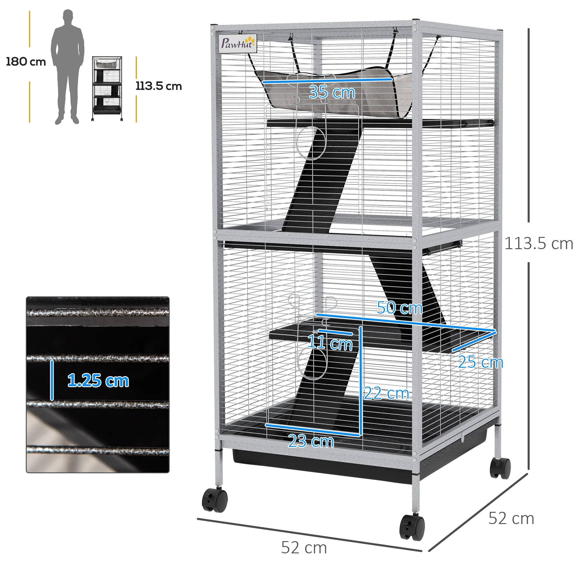 PawHut Rolling Small Animal Cage for Chinchillas Ferrets Kittens W/ Ramp Grey - Image 5
