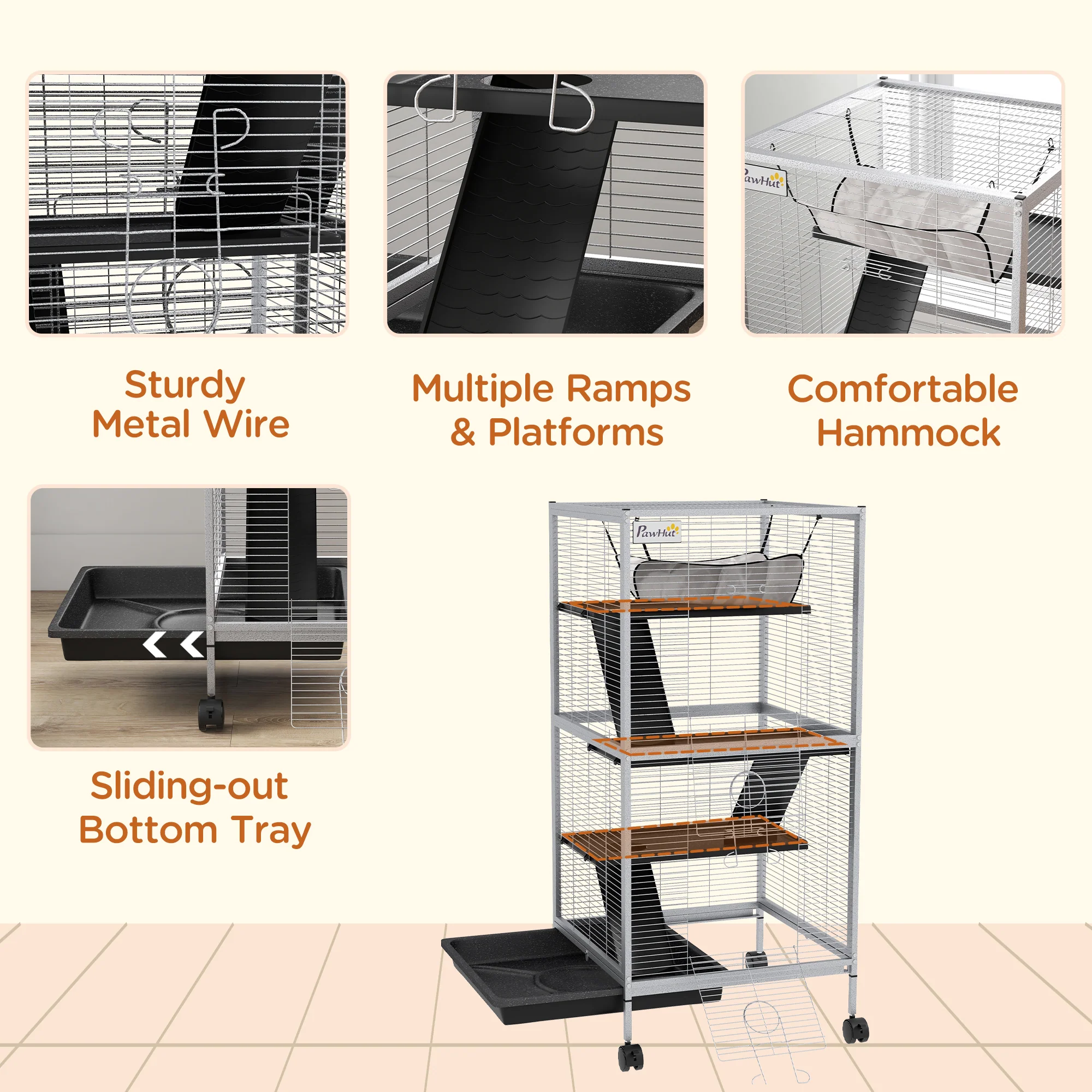 PawHut Rolling Small Animal Cage for Chinchillas Ferrets Kittens W/ Ramp Grey - Image 6