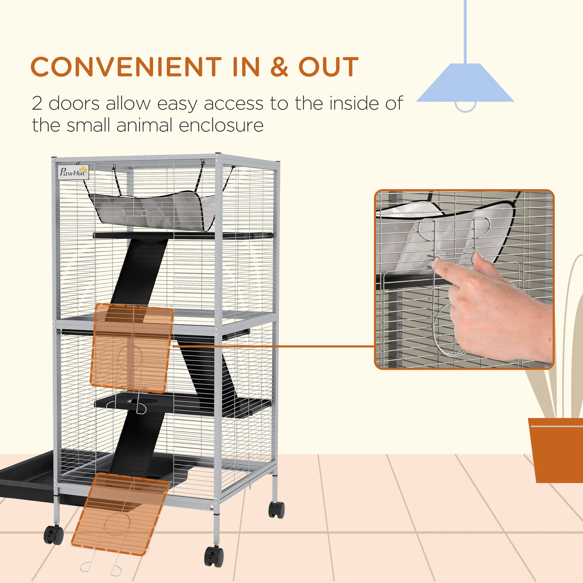 PawHut Rolling Small Animal Cage for Chinchillas Ferrets Kittens W/ Ramp Grey - Image 7
