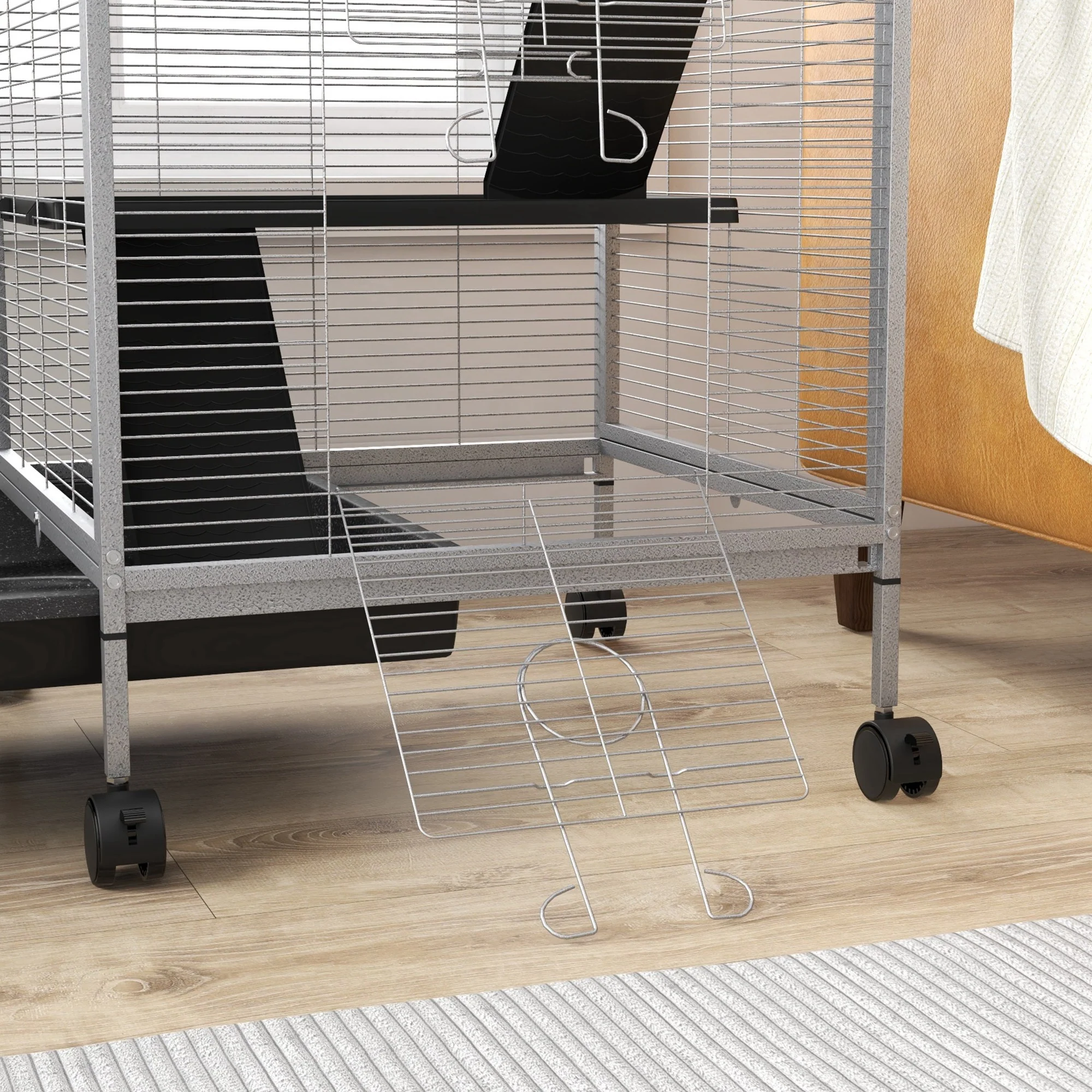 PawHut Rolling Small Animal Cage for Chinchillas Ferrets Kittens W/ Ramp Grey - Image 8