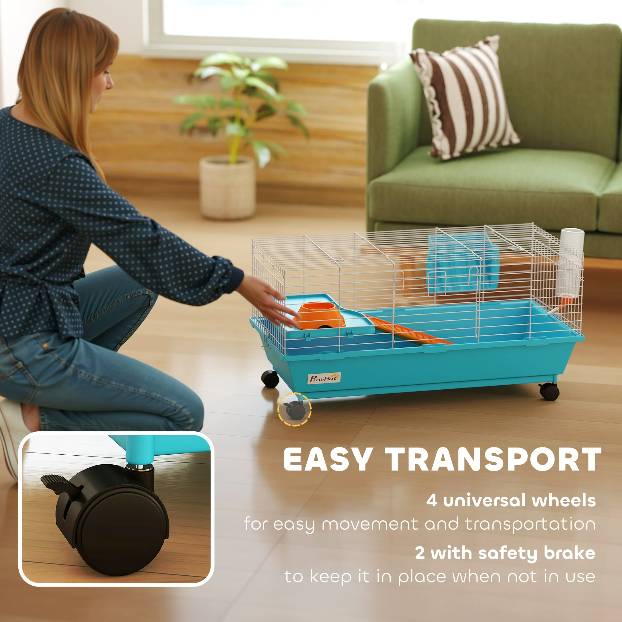 PawHut Small Animal Cage , Rabbit Cage With Wheels And Water Bottle - Image 4