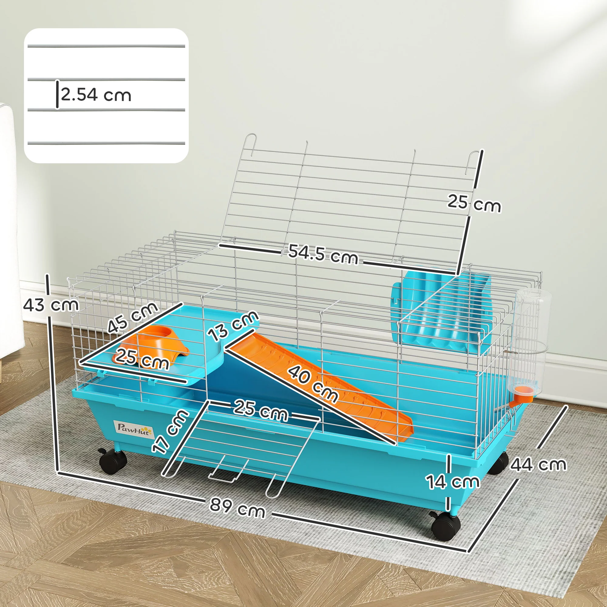 PawHut Small Animal Cage , Rabbit Cage With Wheels And Water Bottle - Image 5