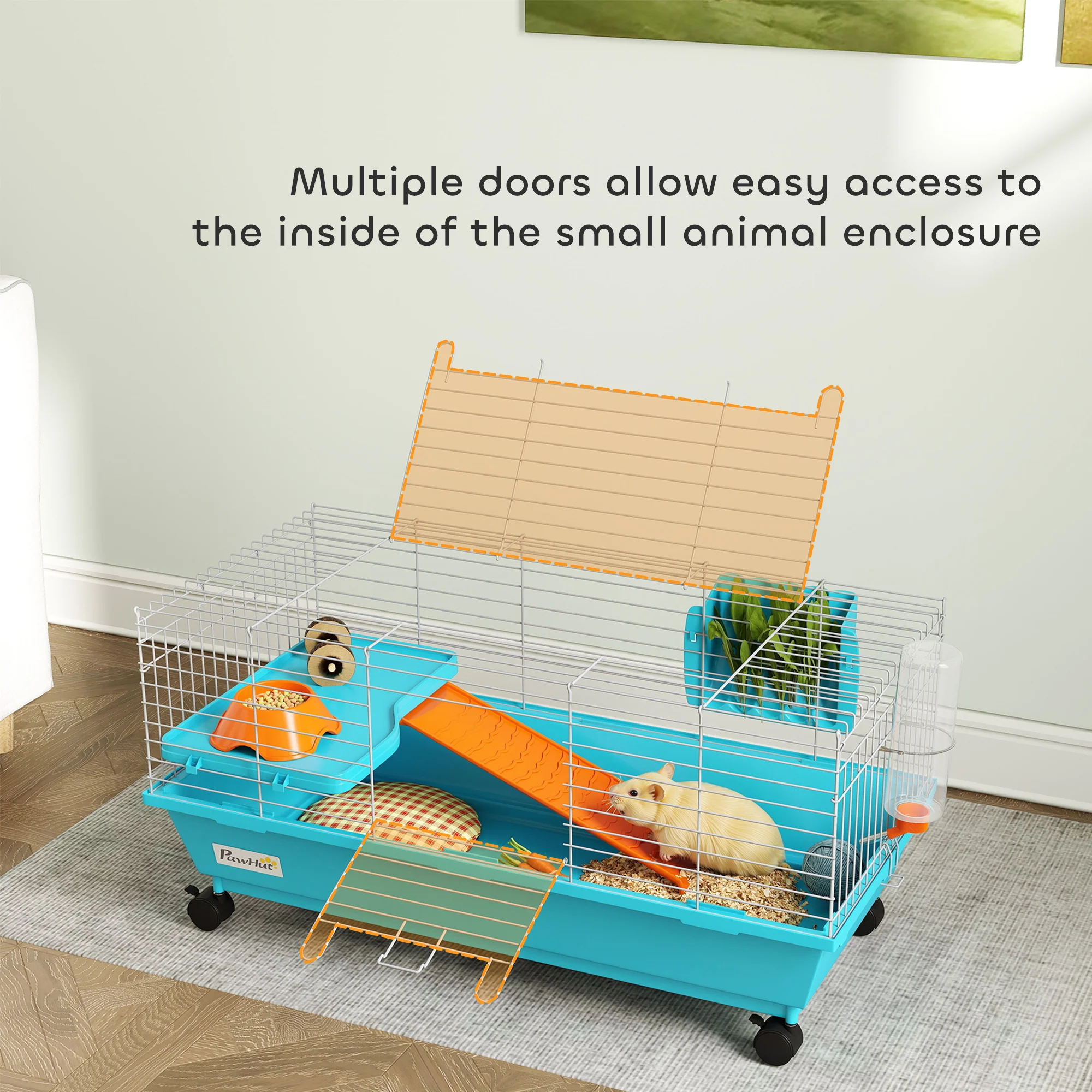PawHut Small Animal Cage , Rabbit Cage With Wheels And Water Bottle - Image 7