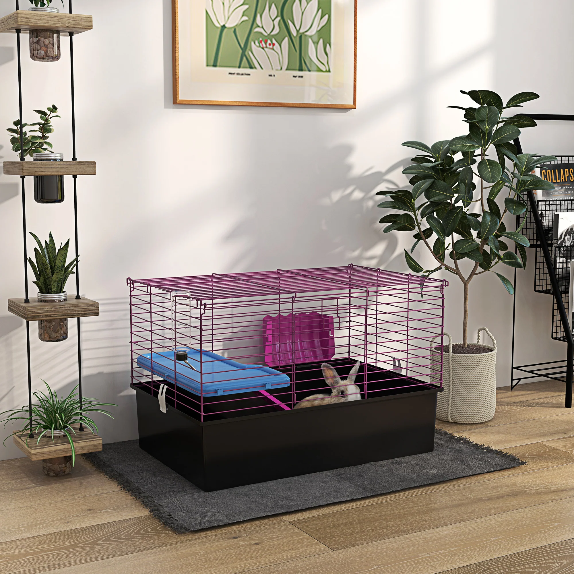 PawHut Small Animal Cage, Rabbit Guinea Pig Hutch, Pet Playhouse - Image 2