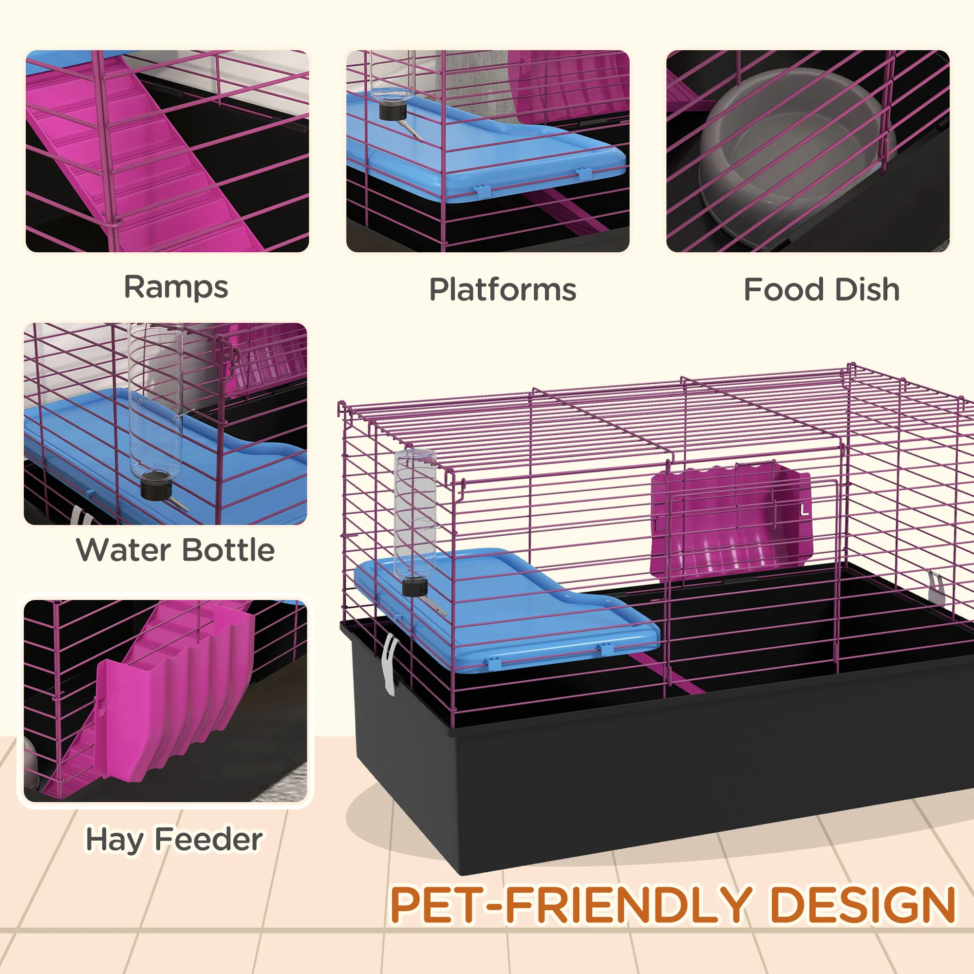 PawHut Small Animal Cage, Rabbit Guinea Pig Hutch, Pet Playhouse - Image 4