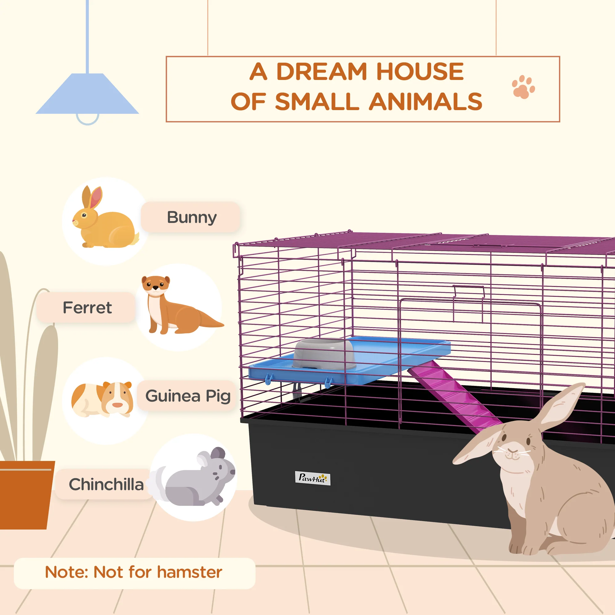 PawHut Small Animal Cage, Rabbit Guinea Pig Hutch, Pet Playhouse, Black - Image 3