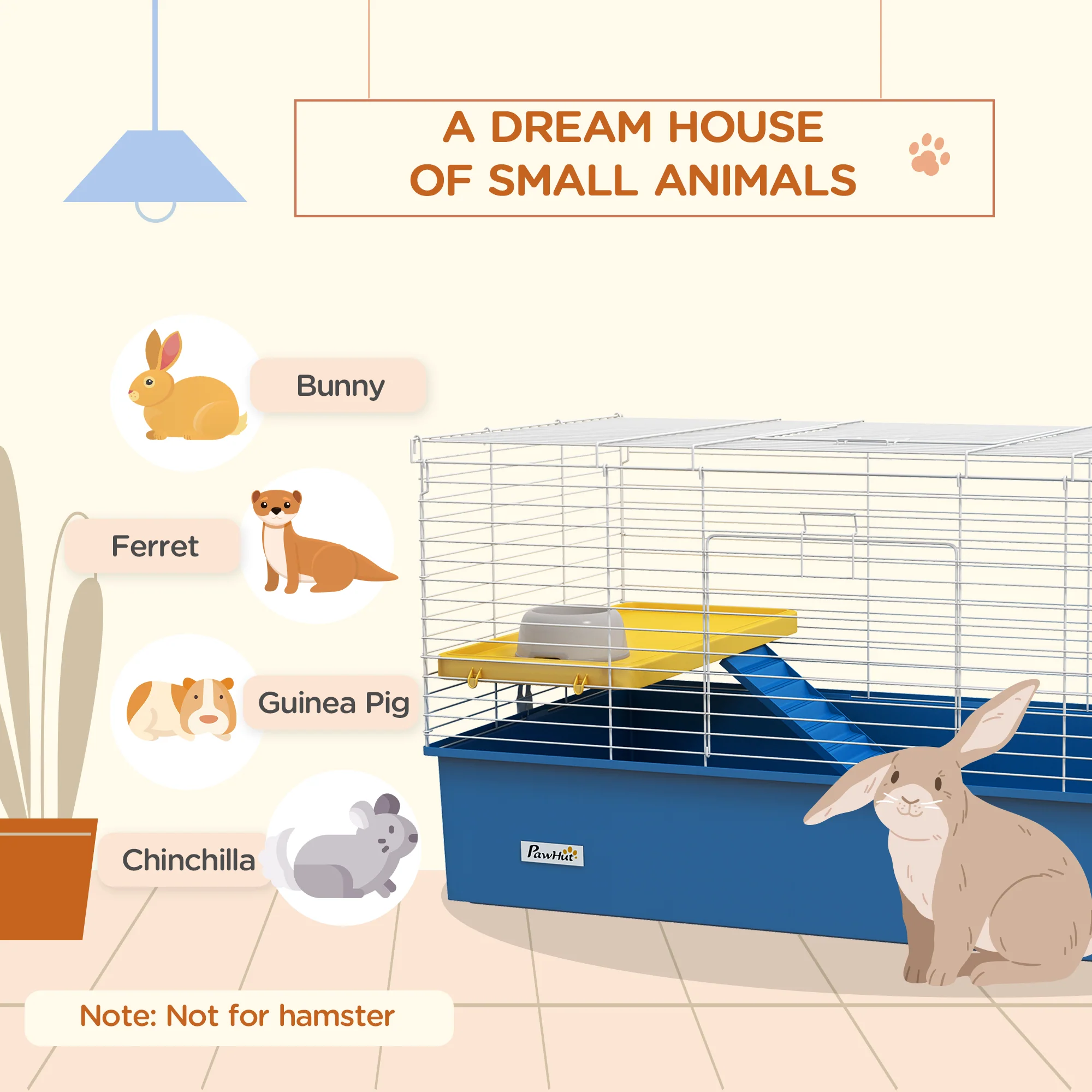 PawHut Small Animal Cage, Rabbit Guinea Pig Hutch, Pet Playhouse, Blue - Image 3