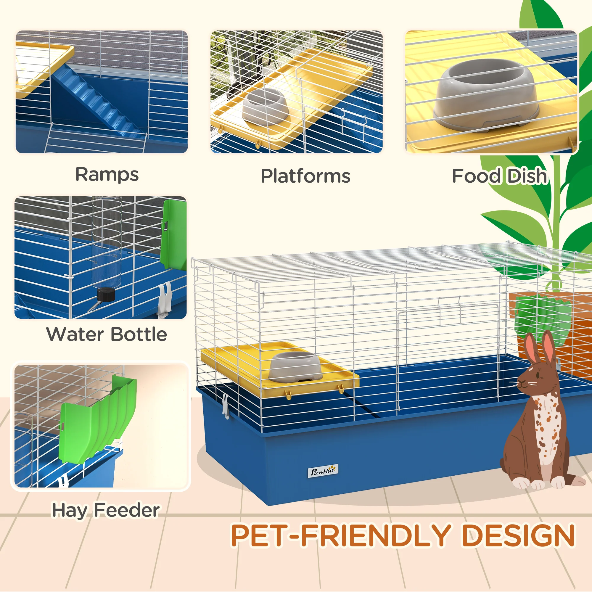 PawHut Small Animal Cage, Rabbit Guinea Pig Hutch, Pet Playhouse, Blue - Image 4