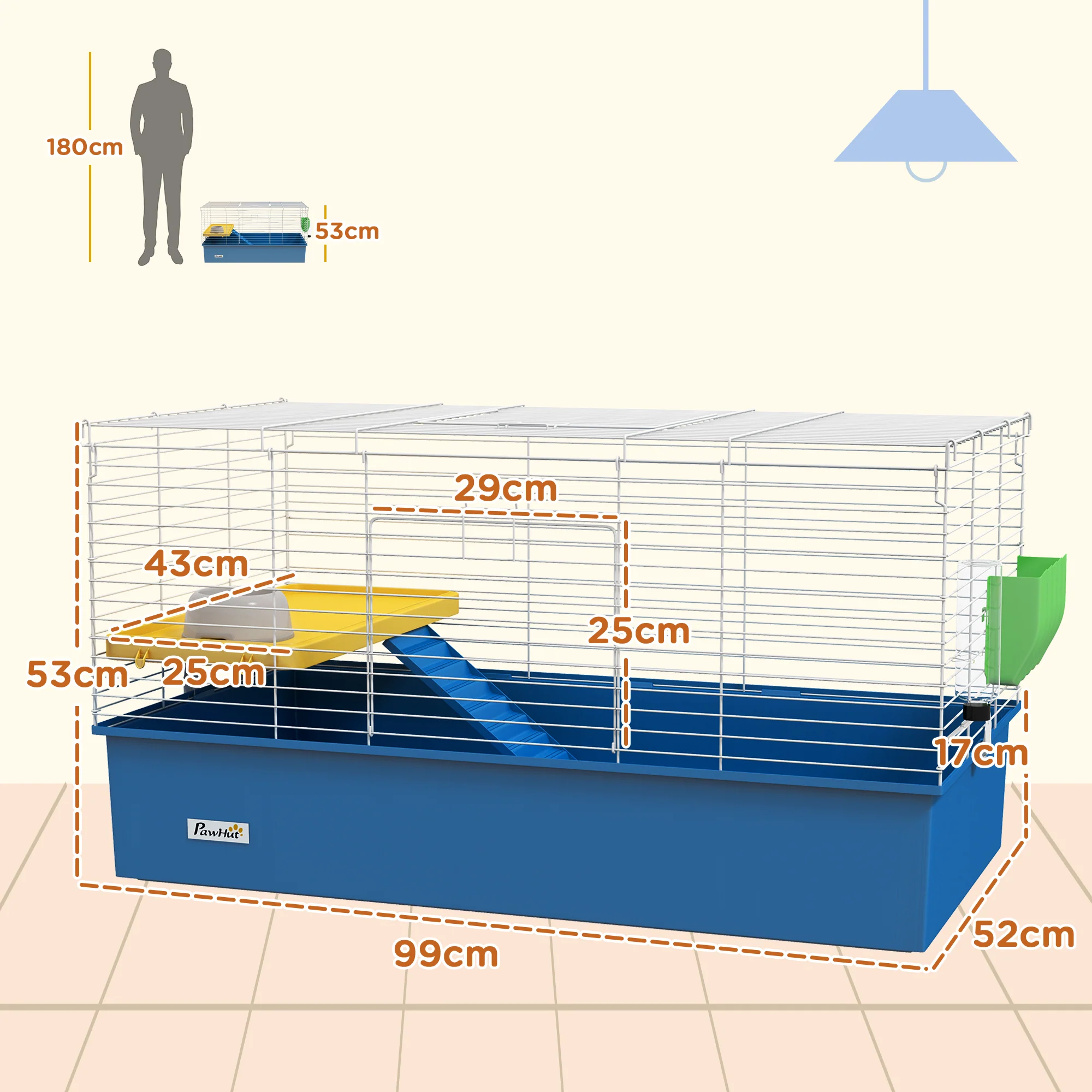 PawHut Small Animal Cage, Rabbit Guinea Pig Hutch, Pet Playhouse, Blue - Image 5