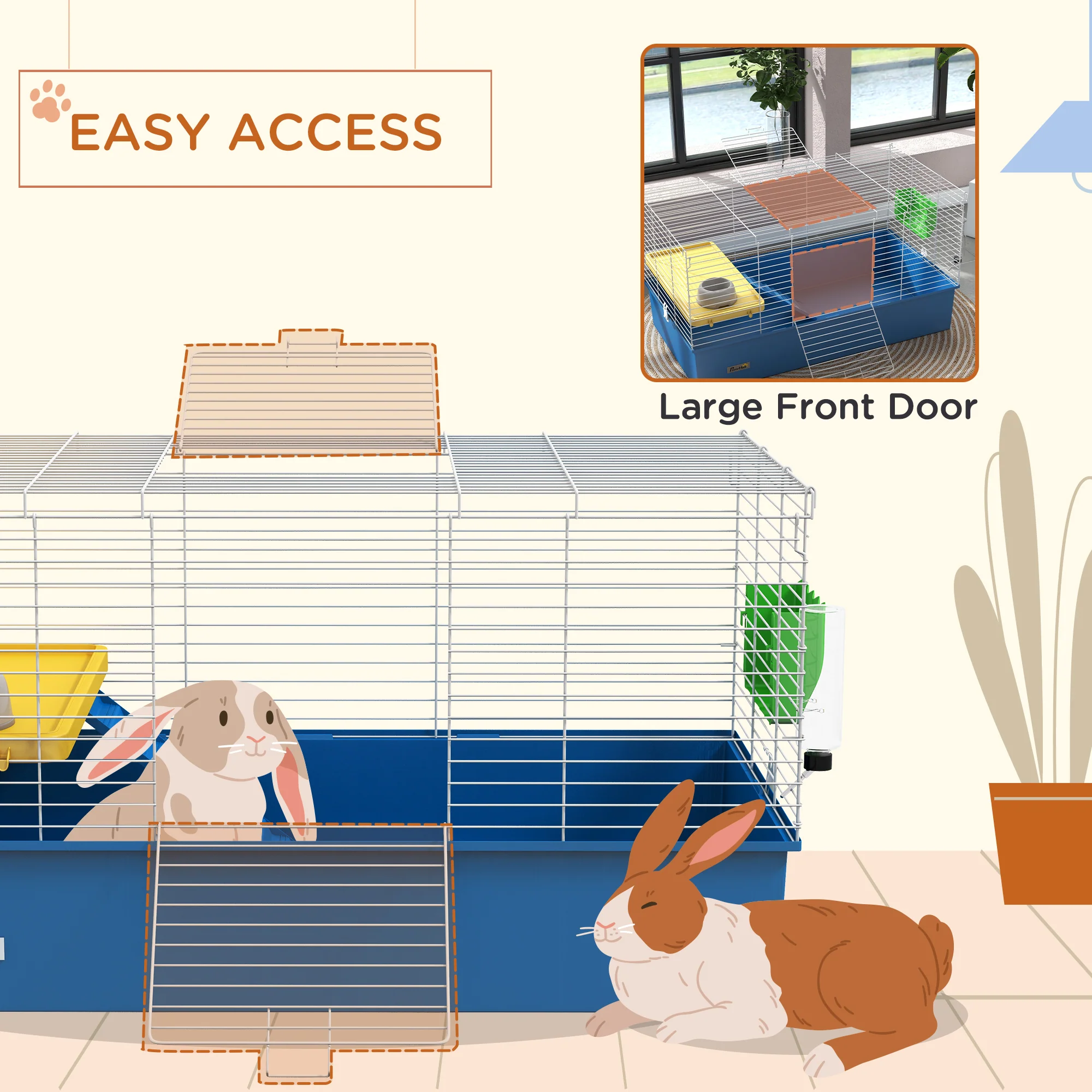 PawHut Small Animal Cage, Rabbit Guinea Pig Hutch, Pet Playhouse, Blue - Image 7