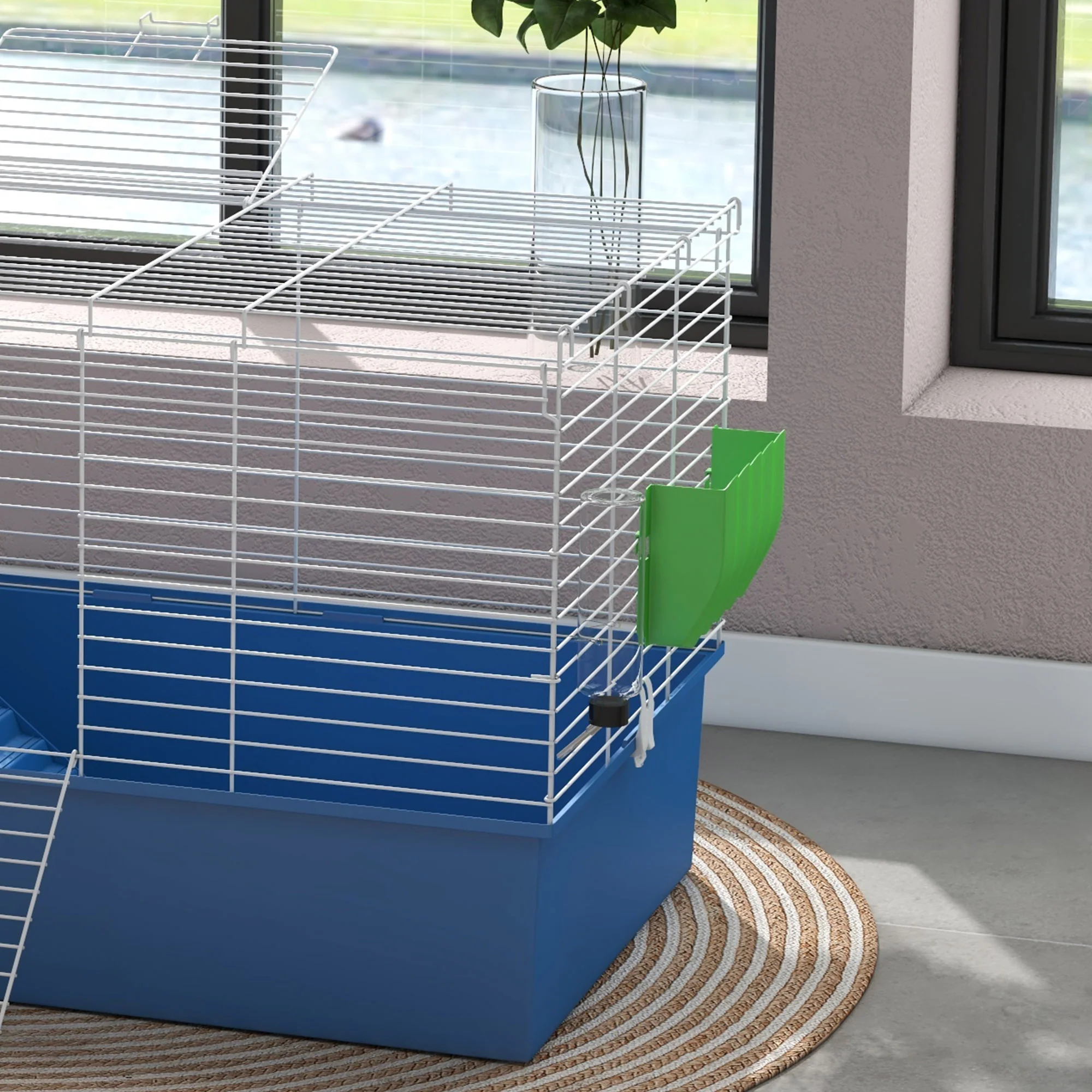 PawHut Small Animal Cage, Rabbit Guinea Pig Hutch, Pet Playhouse, Blue - Image 9