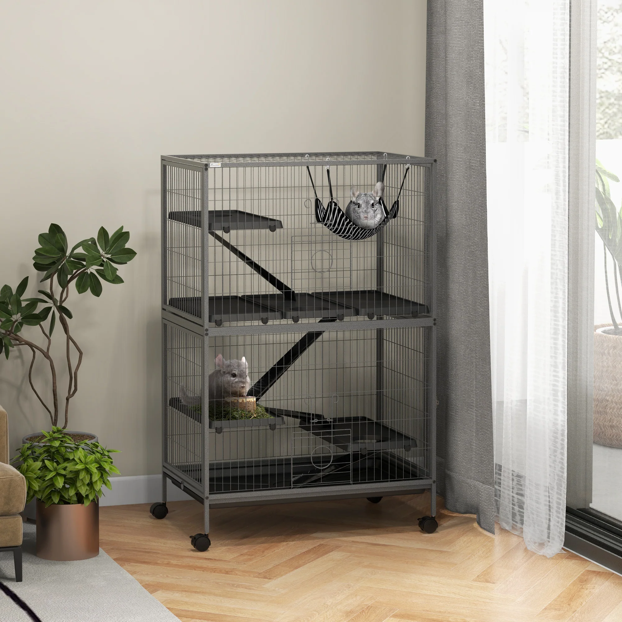 PawHut Small Animal Cages For Chinchilla Ferret Kitten On Wheels W/ Hammock Tray - Image 2
