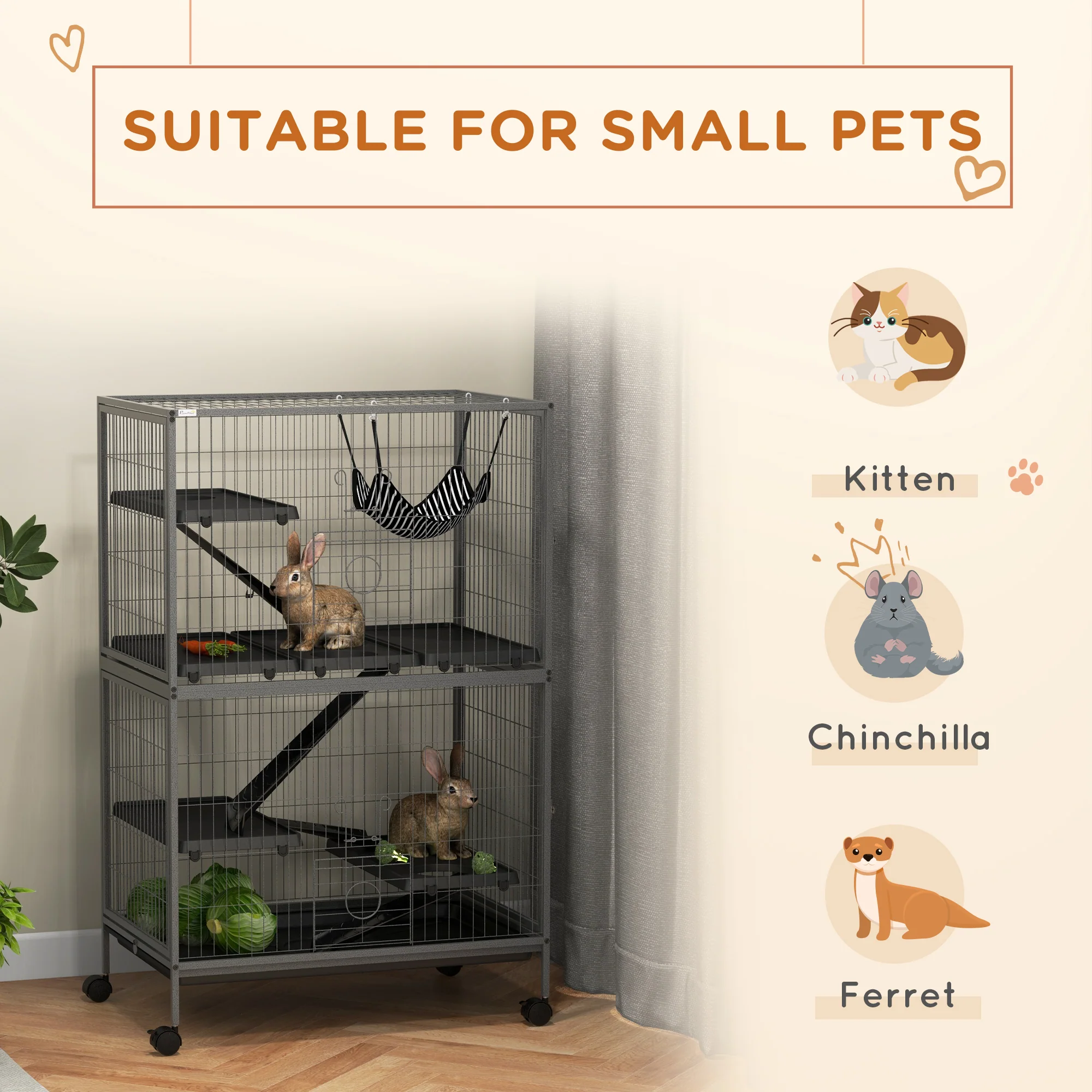 PawHut Small Animal Cages For Chinchilla Ferret Kitten On Wheels W/ Hammock Tray - Image 3
