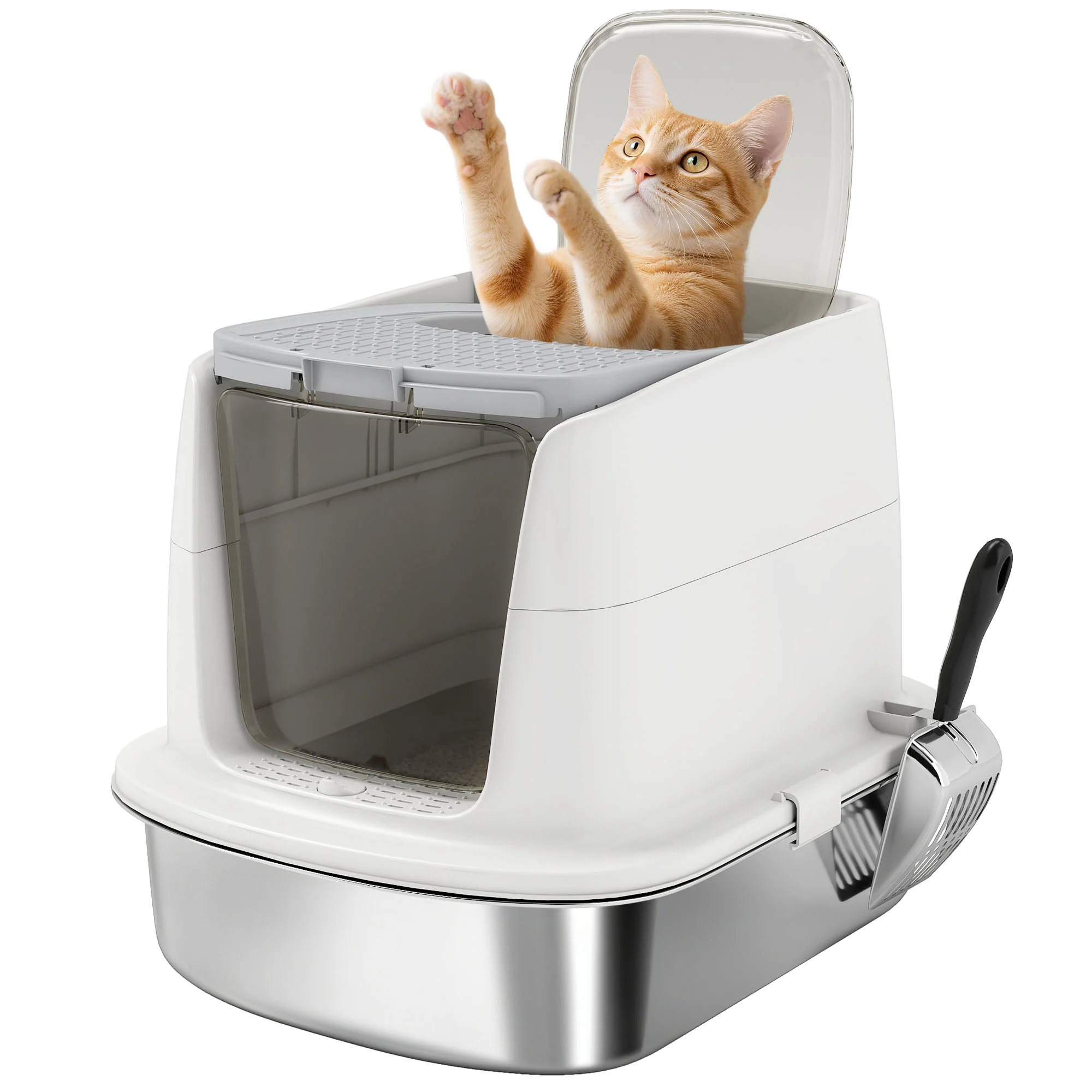 PawHut Stainless Steel Litter Box, Enclosed Metal Cat Litter Tray With Scoop