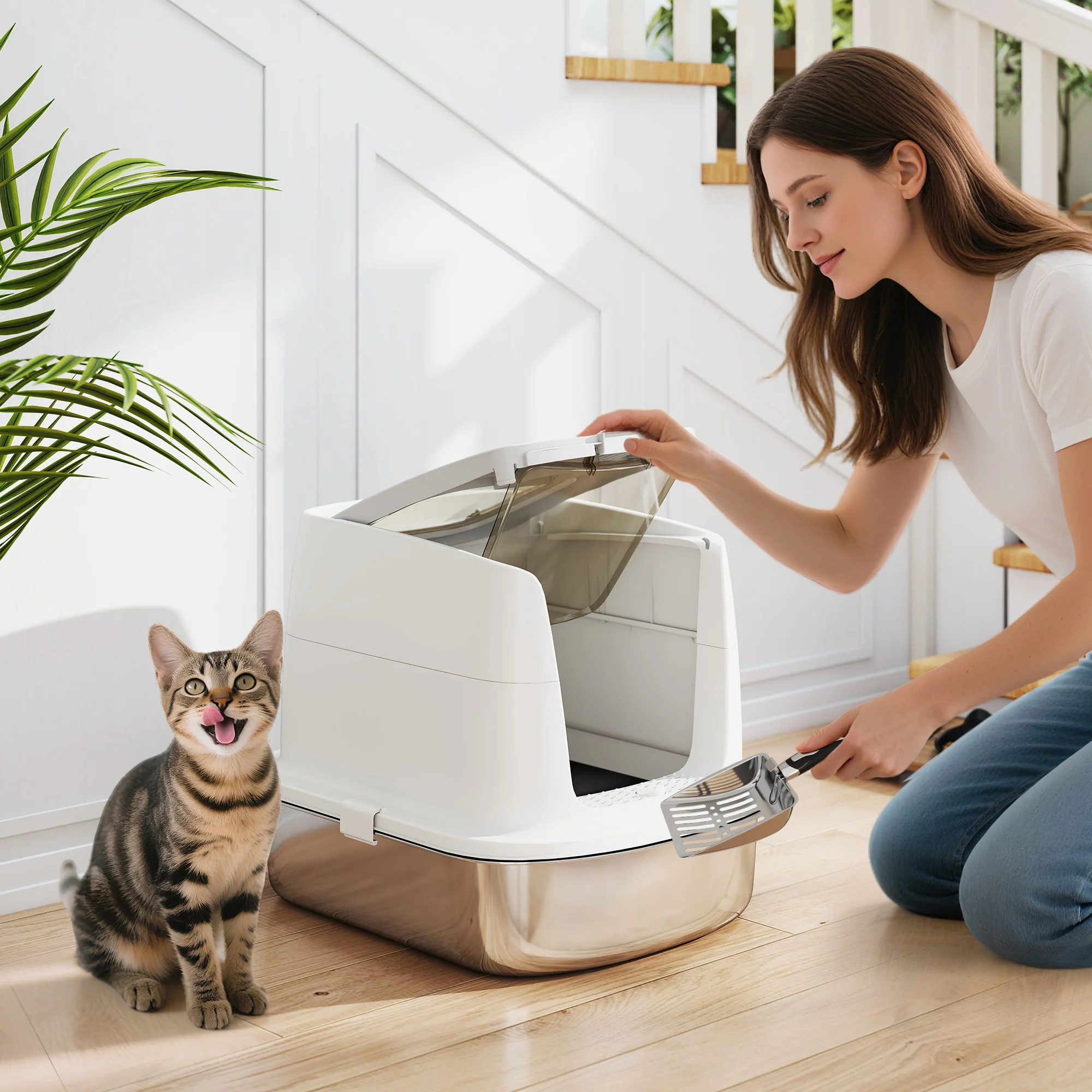 PawHut Stainless Steel Litter Box, Enclosed Metal Cat Litter Tray With Scoop - Image 2