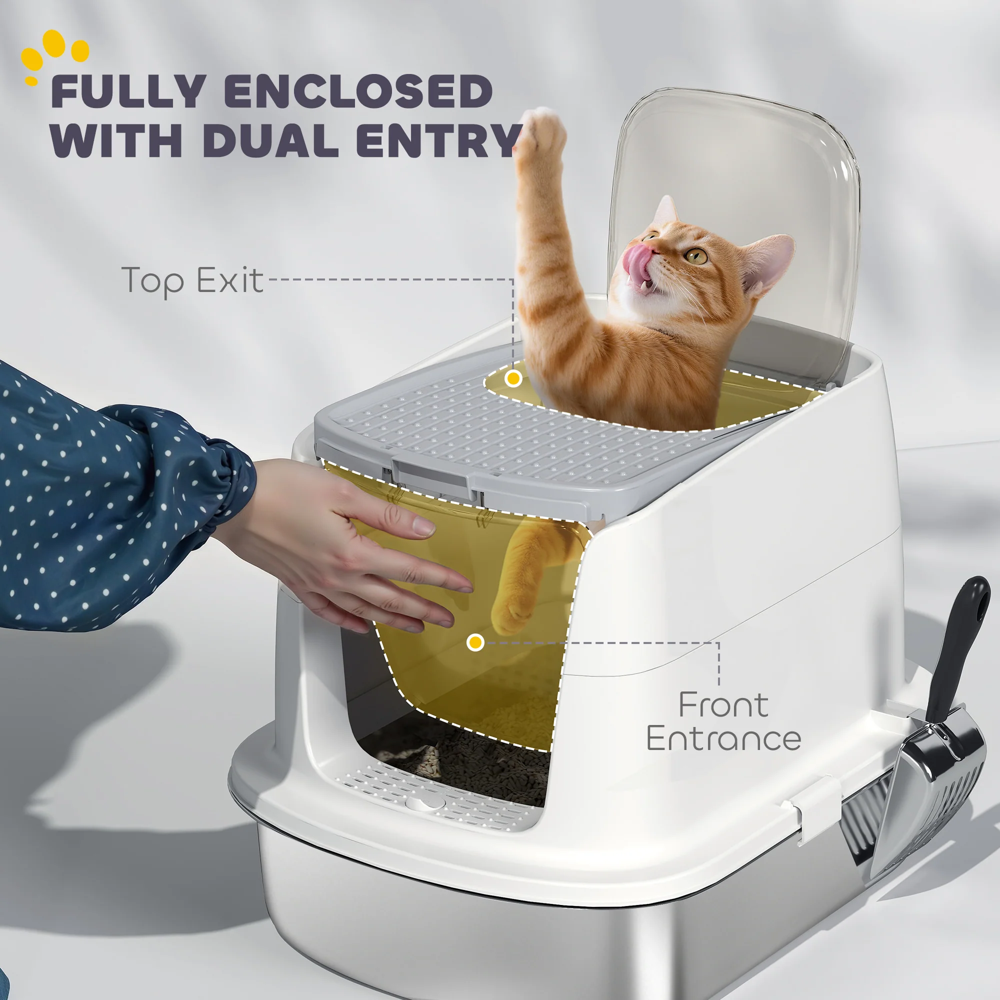 PawHut Stainless Steel Litter Box, Enclosed Metal Cat Litter Tray With Scoop - Image 4