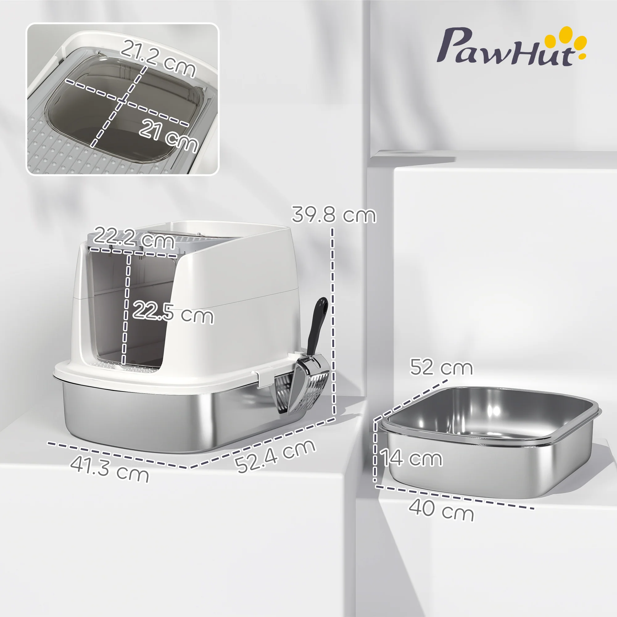 PawHut Stainless Steel Litter Box, Enclosed Metal Cat Litter Tray With Scoop - Image 5